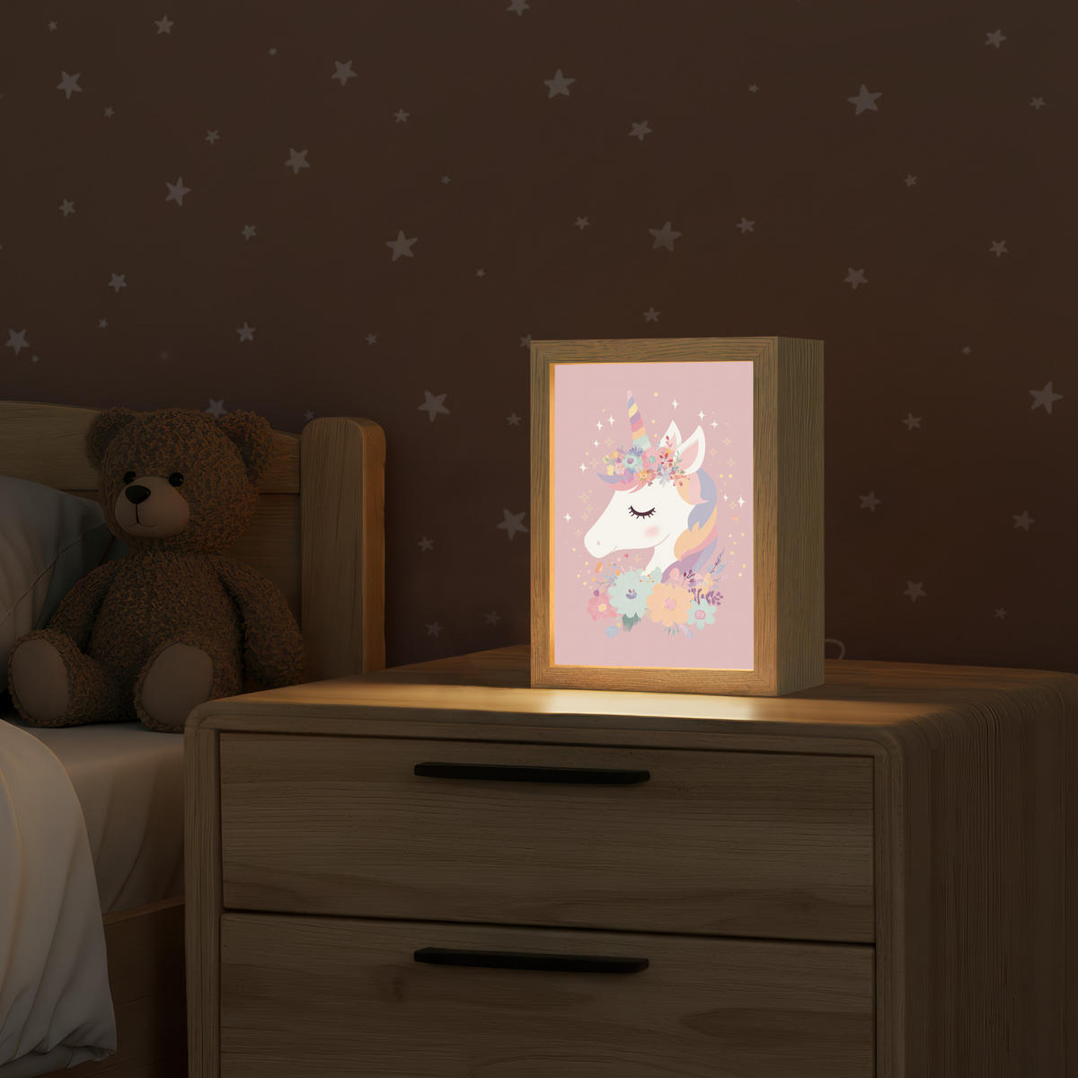 NACHTTISCHLAMPE Einhorn - Rosa - Blumen 15x20 cm - Rosa, Holzwerkstoff (8/15/20cm)