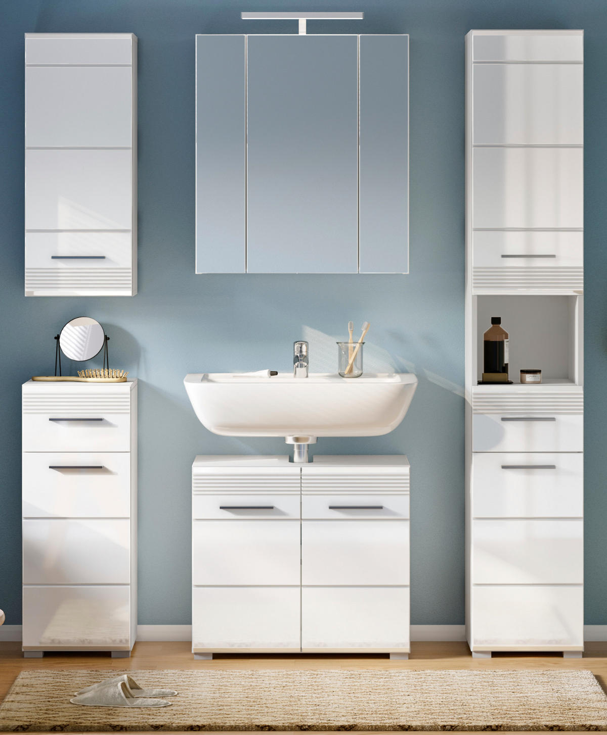 BADMÖBEL-SET weiß Hochglanz 5-teilig 150 cm, Badkombination mit Spiegelschrank - Weiß Hochglanz, Glas/Holzwerkstoff (150/182/34cm) - Inn.Furn