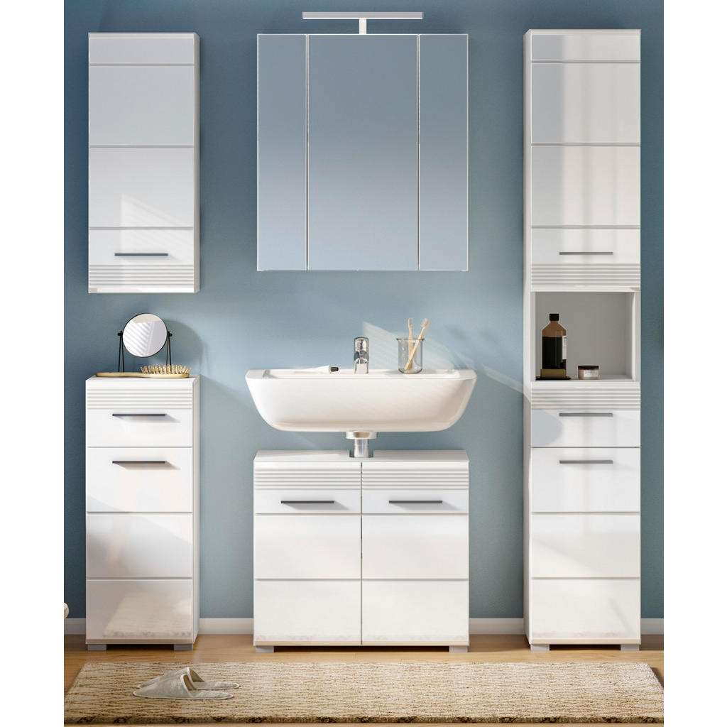 Thumbnail - Inn.Furn Badmöbel-Set, Weiß Hochglanz, Holzwerkstoff, Glas, Uni, Rechteckig, 150x182x34 cm, FSC Mix, Badezimmer, Badmöbe...