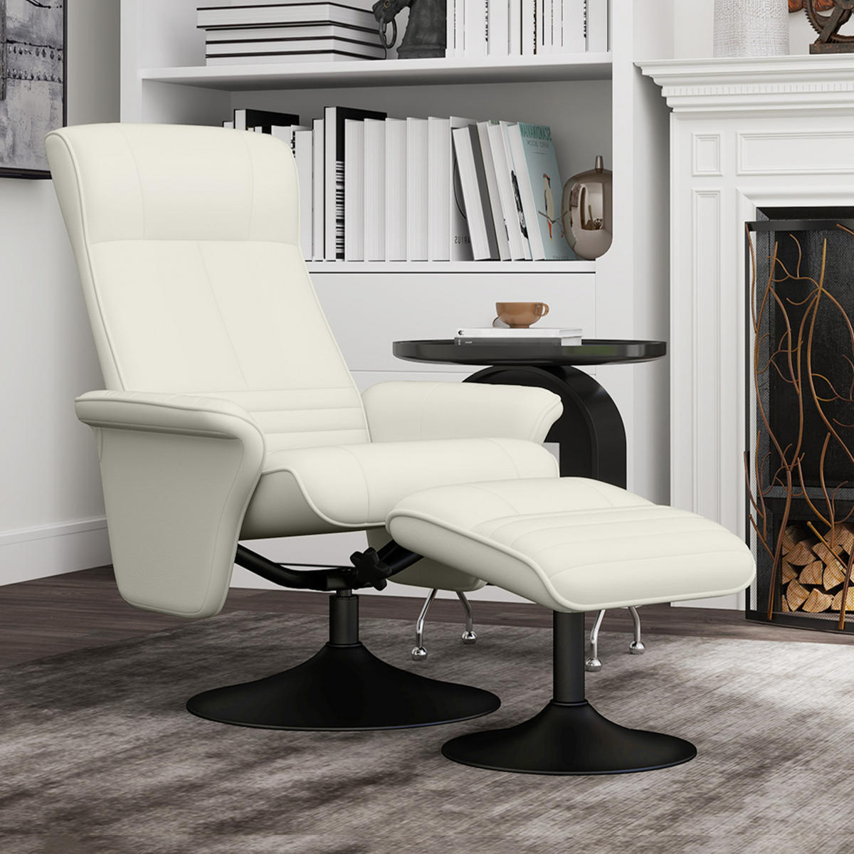 RELAXSESSEL 69/71/104 cm cremeweiß aus Polyester drehbar mit Hocker - Creme, Textil (71/104/69cm) - OKWISH