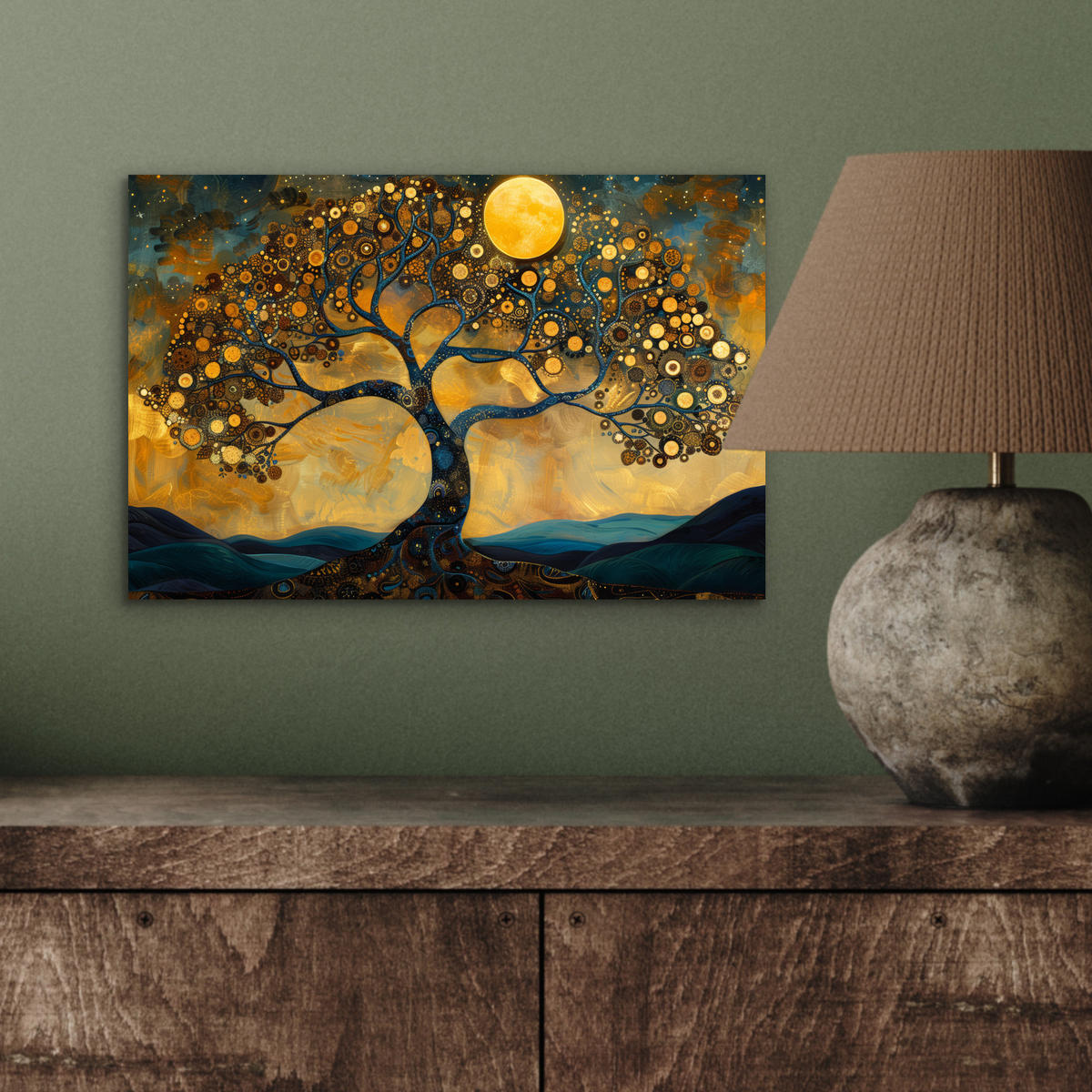 METALLBILD Baum - Mond - Blumen - Gold - Kunst 30x20 cm - Orange, Metall (30/20cm) - MuchoWow