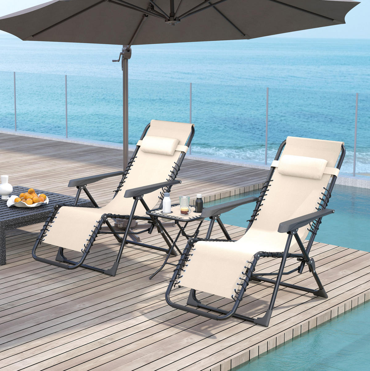 GARTENSET aus Metall 90x65x110 cm Beige klappbar mit Beistelltisch, Kopfkissen und 5-fach verstellbarer Rückenlehne - Beige, Metall - Modfu
