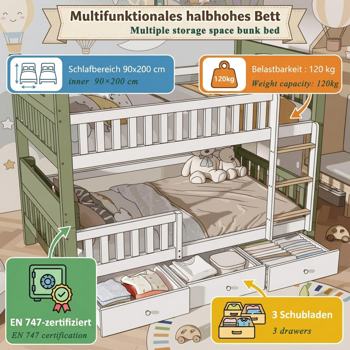 ETAGENBETT aus Kiefernholz 90x200 cm Weiß/Grün mit 3 Schubladen und seitlichem Regal - Weiß, Holz (90/200cm) - Modfu