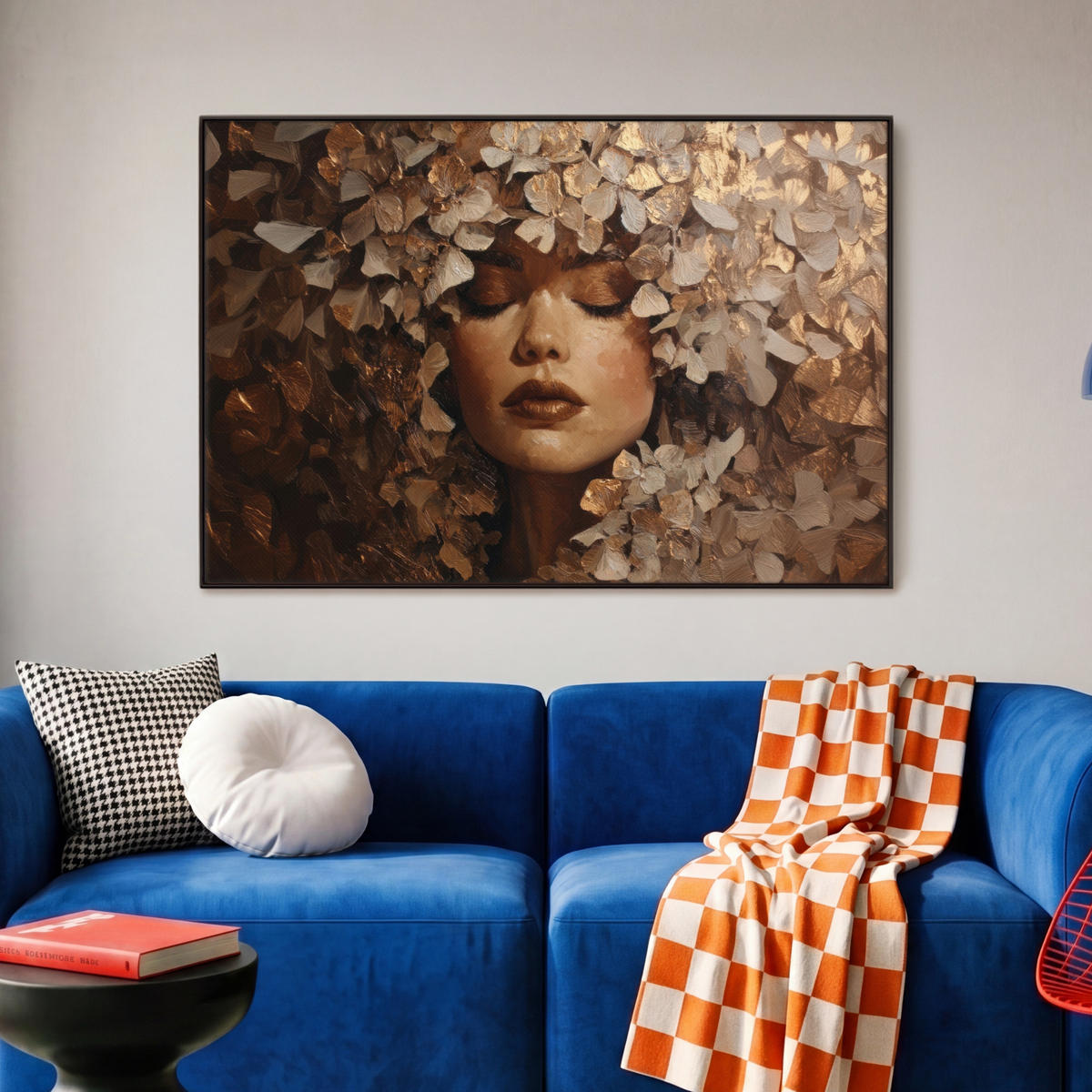 LEINWAND Bilder mit Rahmen - Gesicht - Dame - Blätter - Pinselstriche - 90x60 - Goldfarben, Textil (90/60cm) - MuchoWow