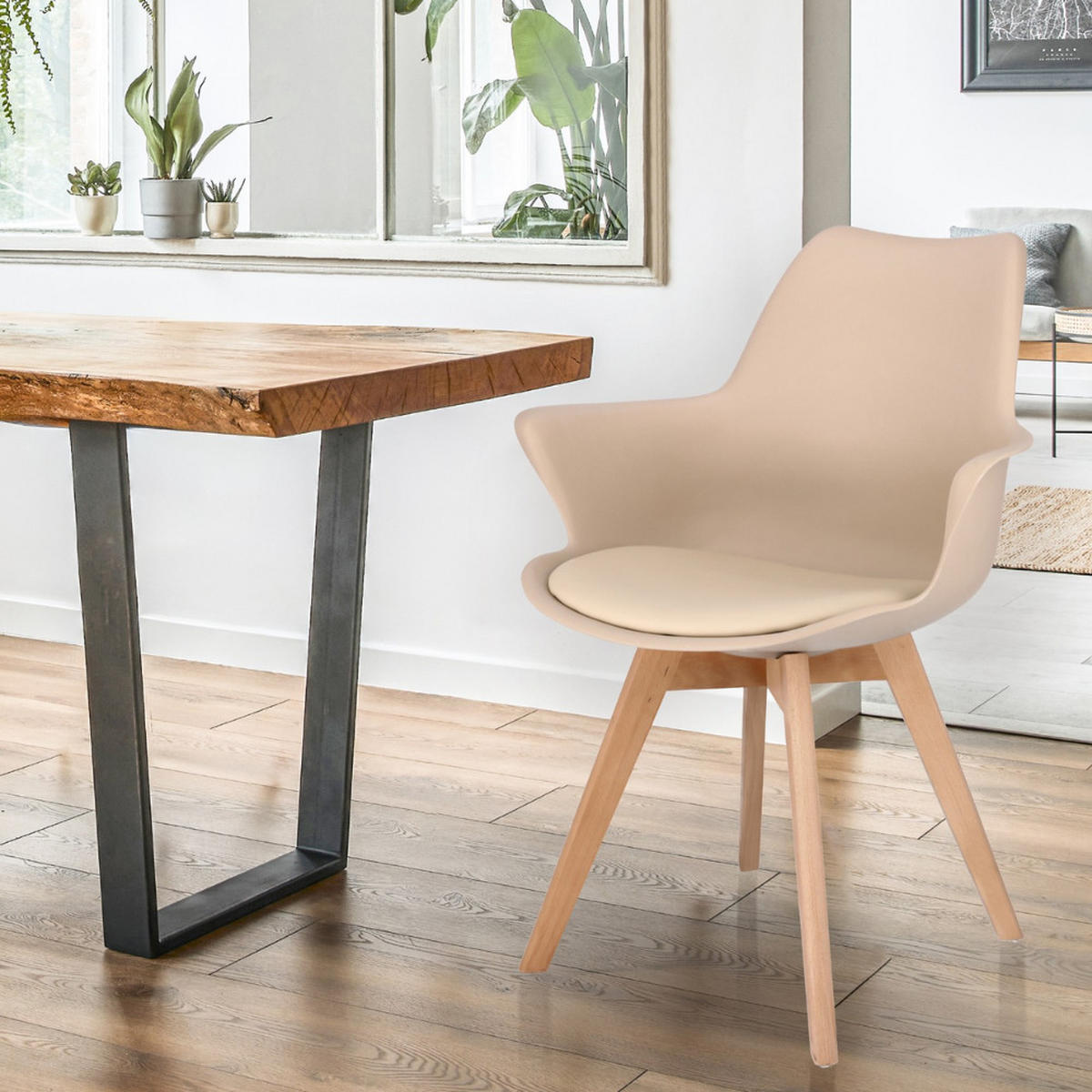 STUHL Orlean - beige - Beige/Buchefarben, Leder/Holz (63/83/59cm) - JuMi