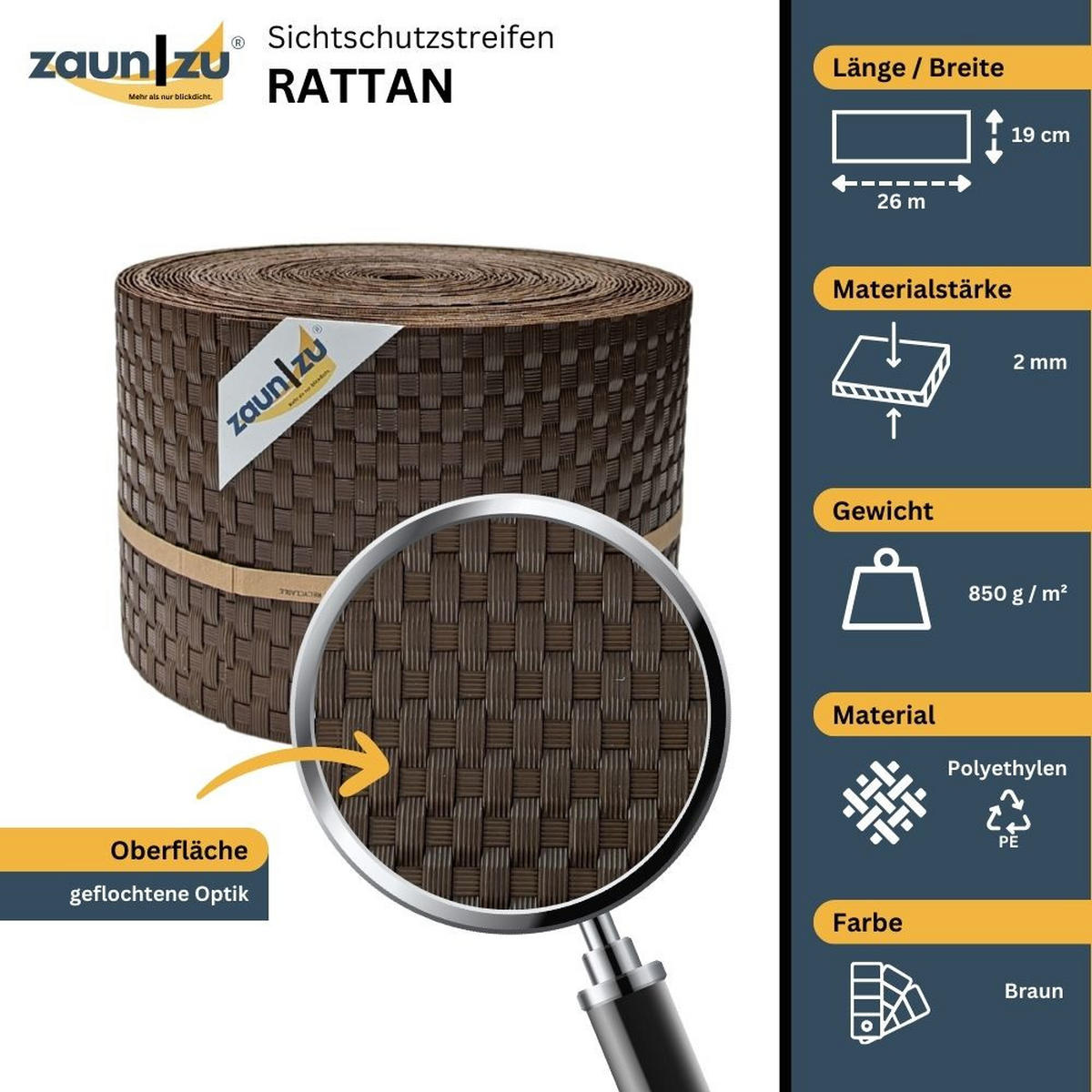 SICHTSCHUTZSTREIFEN Rattan PE für Doppelstabmatten Braun 26m - Braun, Kunststoff (2600/19cm) - ZAUN|ZU