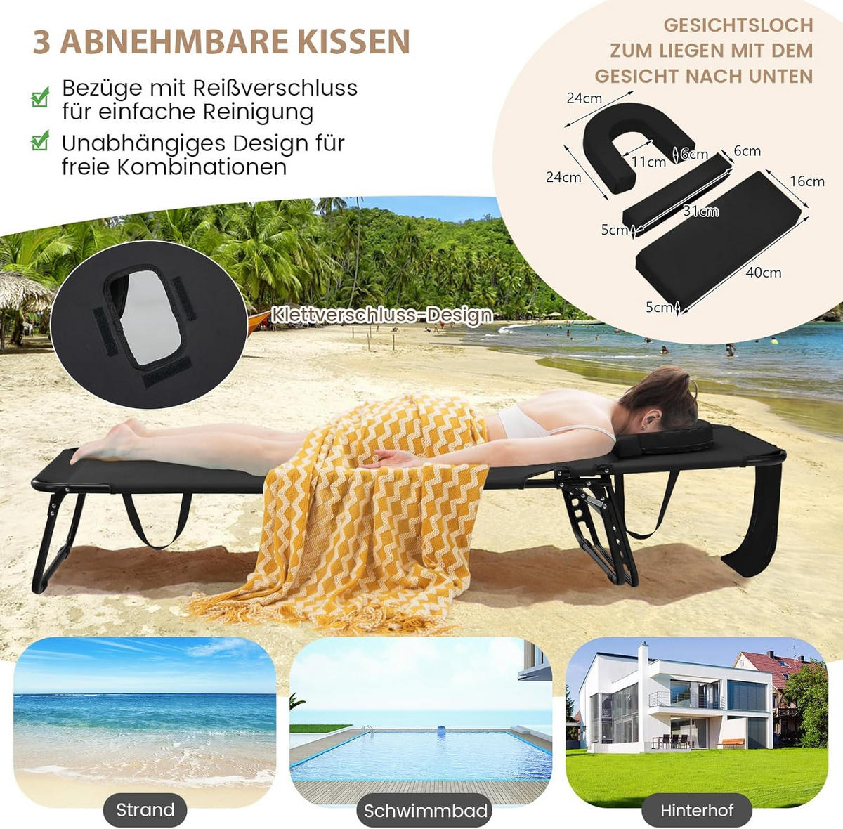 SONNENLIEGEN Schwarz - Schwarz, Metall (63/30/194cm) - COSTWAY