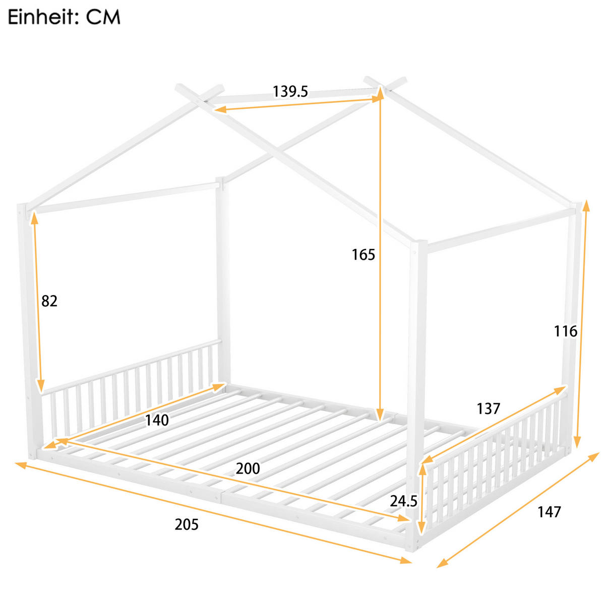 HAUSBETT 140/200 cm aus Metall in Weiß – mit Dachaufbau - Weiß, Metall (140/200cm) - BEAOK