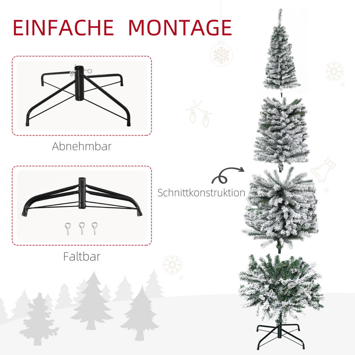 KÜNSTLICHER-WEIHNACHTSBAUM 180 cm Bleistift Kiefernbaum mit Schnee 492 Spitzen - Grün, Kunststoff (180cm) - HOMCOM