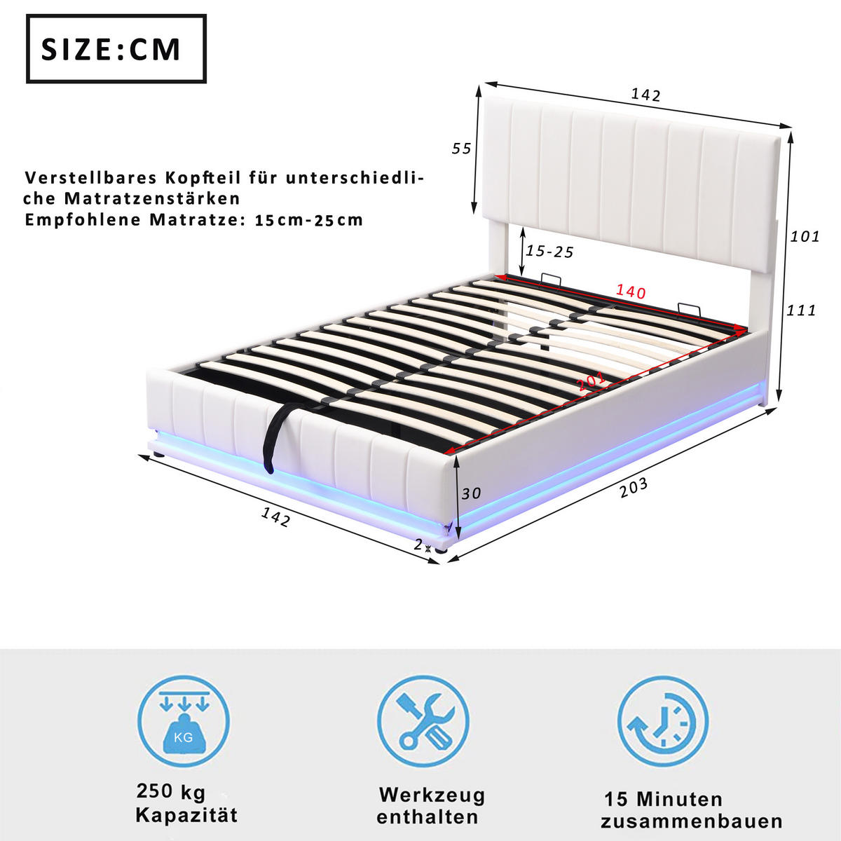 POLSTERBETT 140/200 cm mit LED-Streifen und Stauraum, Weiß, Doppelbett - Weiß, Textil (140/200cm) - OKWISH