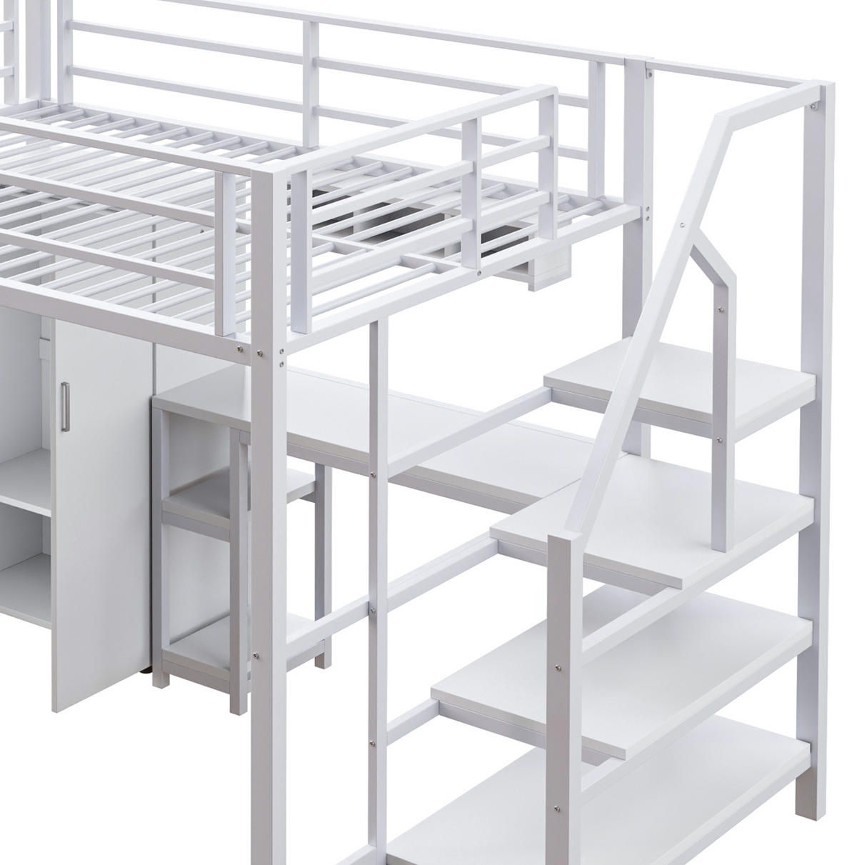 HOCHBETT 140/200 cm in Weiß – mit Schreibtisch, Kleiderschrank und Regalen - Weiß, Metall (140/200cm) - BEAOK