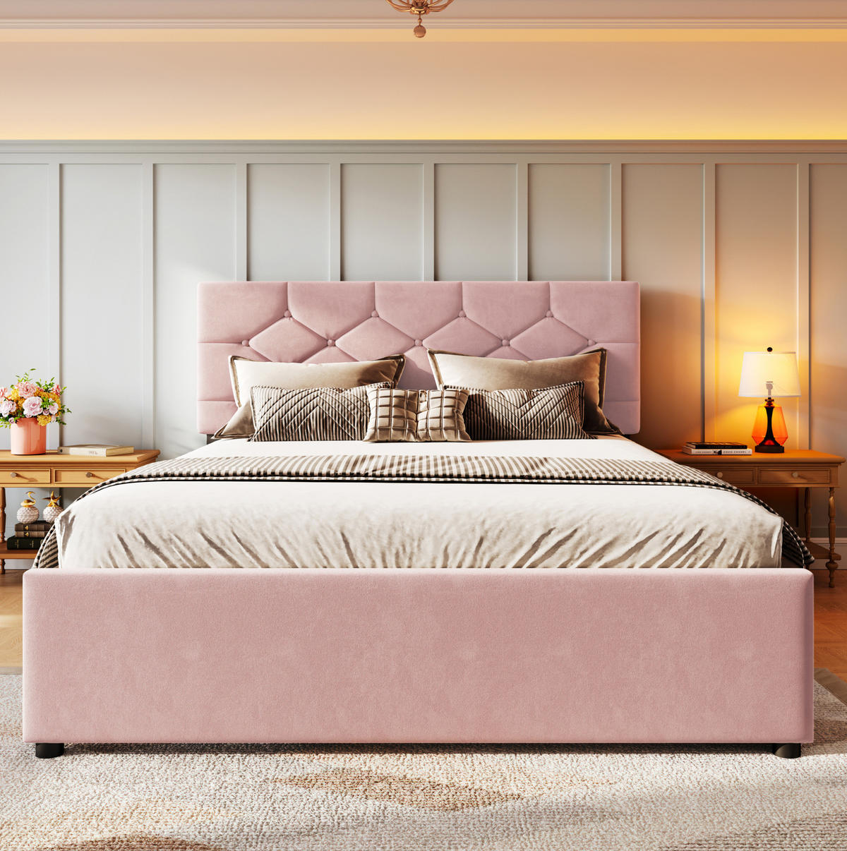 POLSTERBETT mit Rollbett 140x200 cm Samt Pink - Pink, Metall (140/200cm) - Meubliv