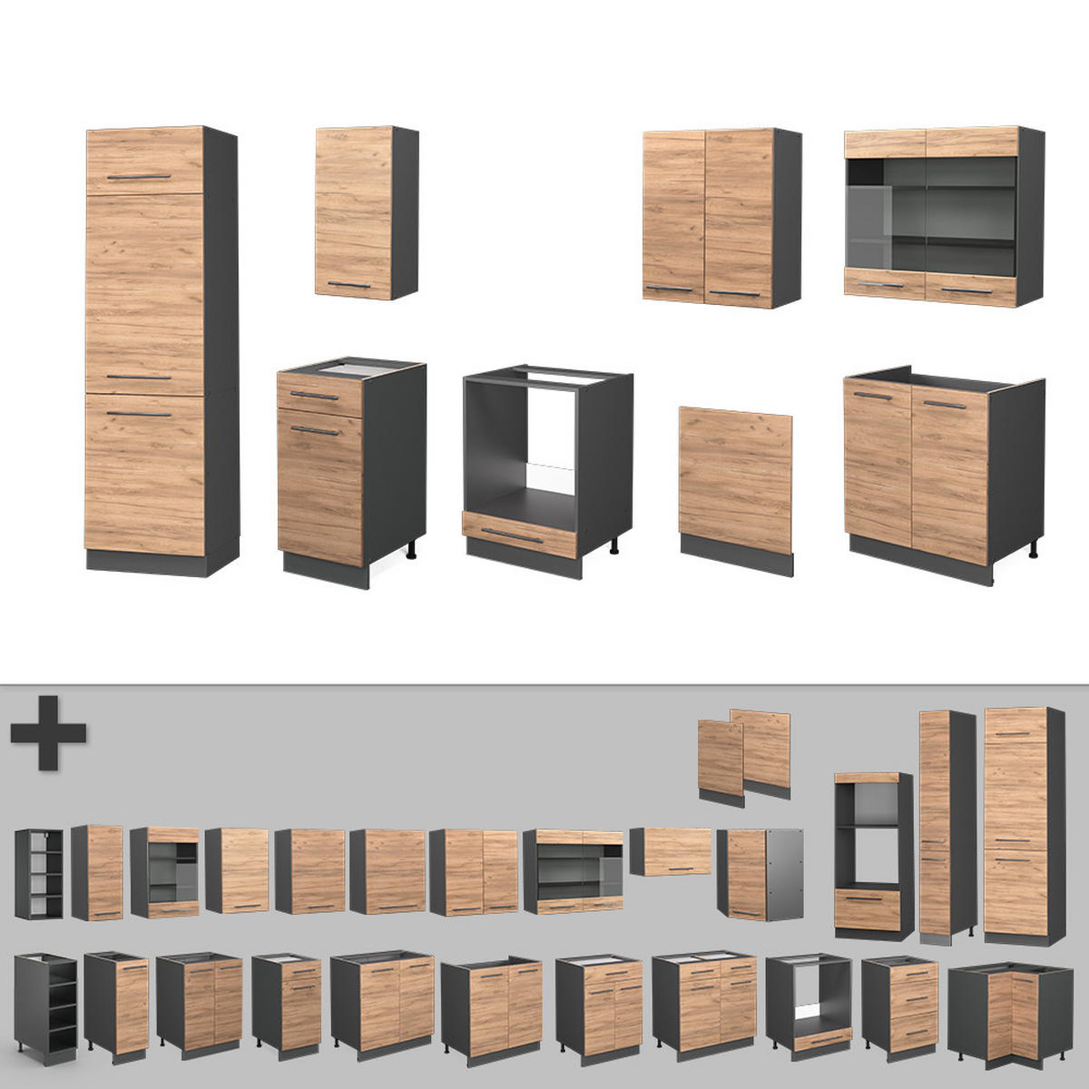 KÜCHENZEILE Fame-Line Goldkraft Eiche/Anthrazit 300 cm, AP Anthrazit - Honigeiche/Anthrazit, Holzwerkstoff (300/81.6/60cm) - Vicco