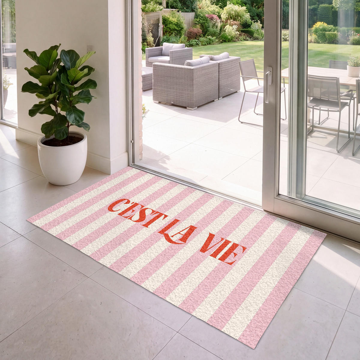 FUSSMATTE Zartrosa – Rot – Streifen – C'est La Vie 150x90 cm - Rosa, Kunststoff (150/0.4cm) - MuchoWow