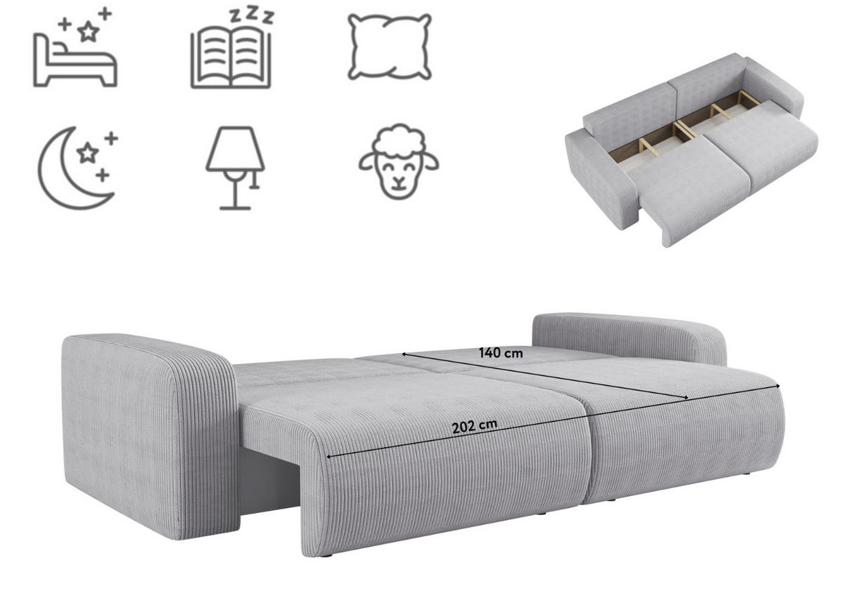 SCHLAFSOFA MILANO und Bettkasten Stoff Poso Grau - Grau, Holz (246/83/98cm) - Kaiser Möbel