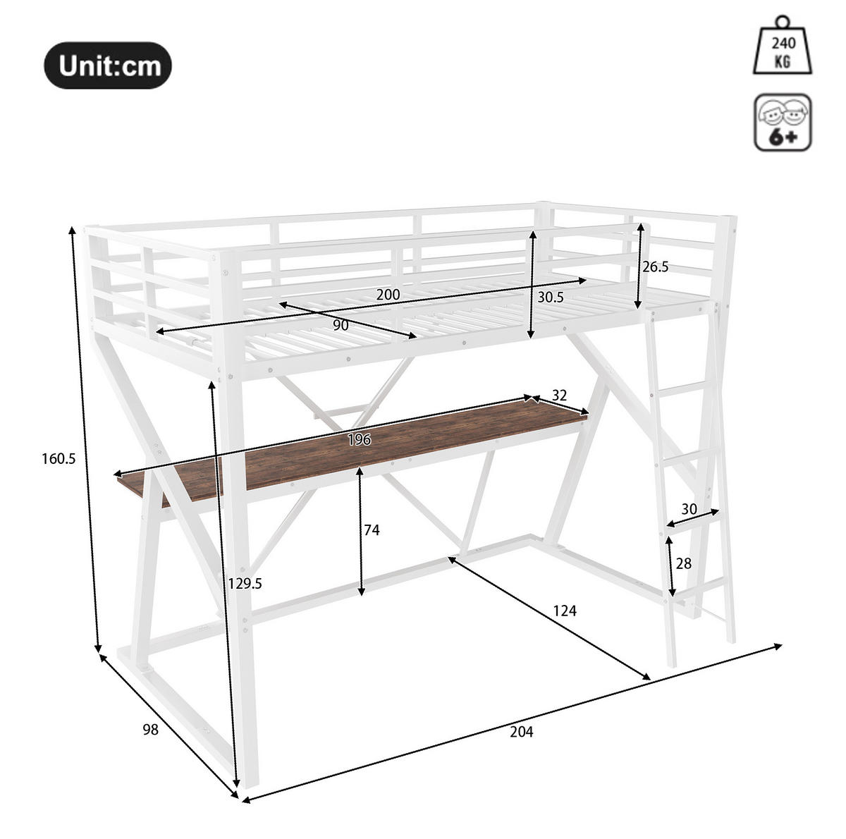 HOCHBETT 90/200 cm aus Metall und MDF mit LED-Leiste, Schreibtisch und Treppe Weiß - Weiß, Metall (90/200cm) - Modenvie