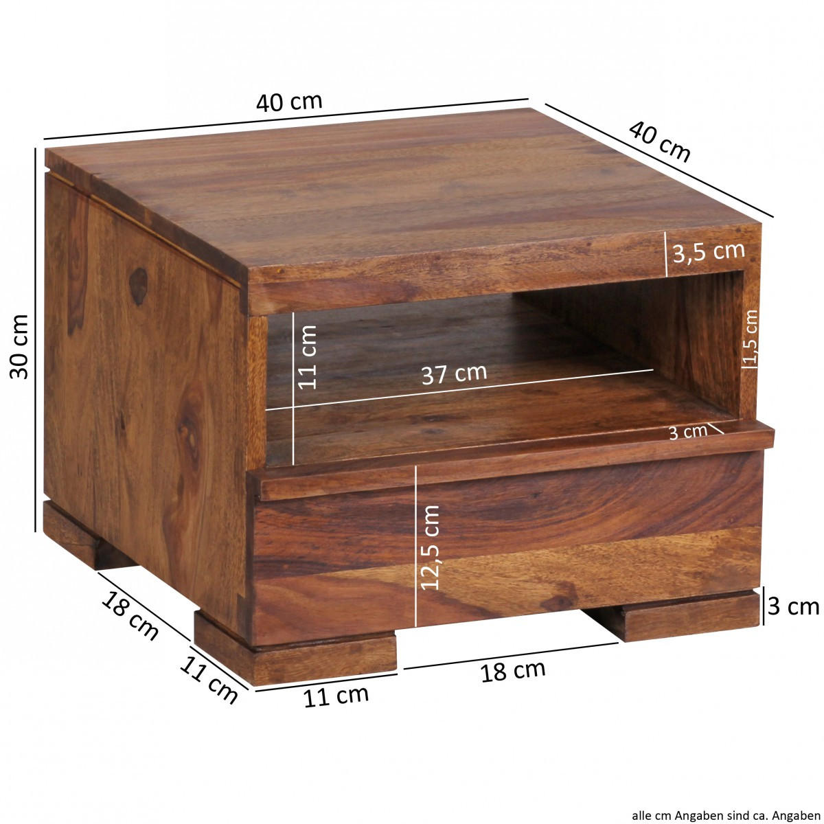 NACHTTISCH Massivholz Schublade Ablage Pflegeleicht NAKO, Braun 40x40x30 cm - Braun, Holz (40/30/40cm) - KADIMA DESIGN