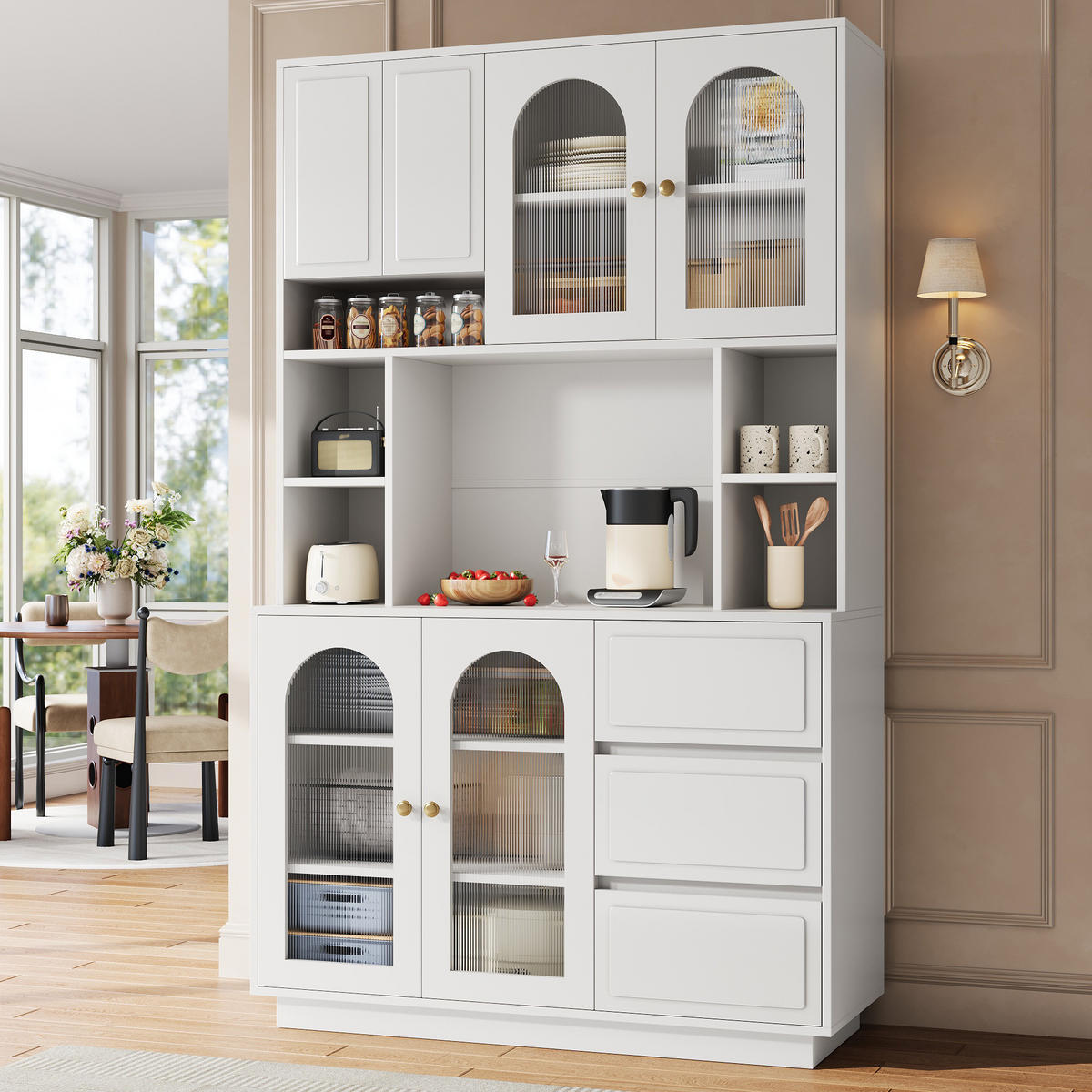 BUFFET Hochschrank mit Acrylfront, LED-Beleuchtung und offenen Fächern - Weiß, Holzwerkstoff (30/175/106cm) - Korfee