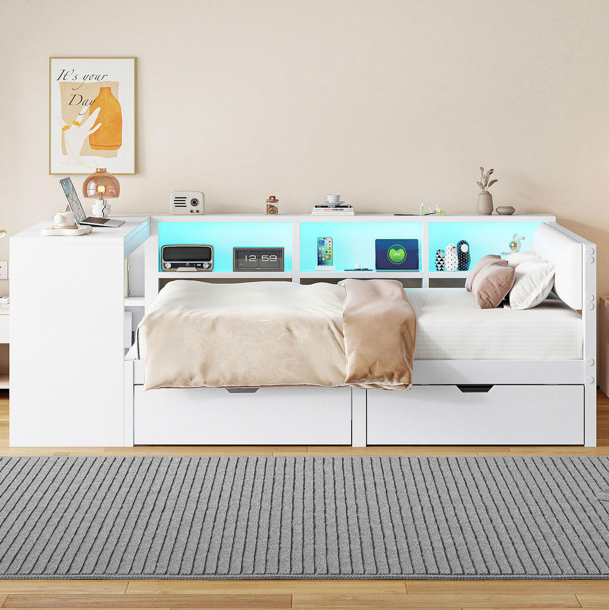 PLATTFORMBETT 140x200 cm in Weiß mit Schubladen, Ladestation und LED-Beleuchtung - Weiß, Holzwerkstoff (140/200cm) - IVMEU