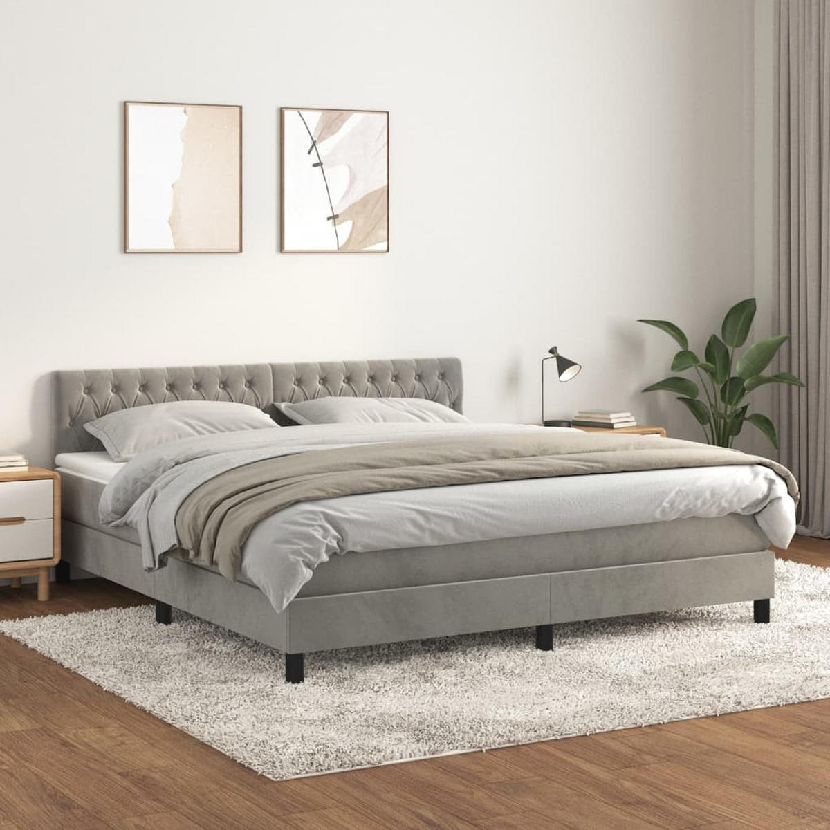 BOXBETT Mit Matratze Hellgrau 180/200 Cm Samt - Weiß, Textil (180/200cm) - vidaXL