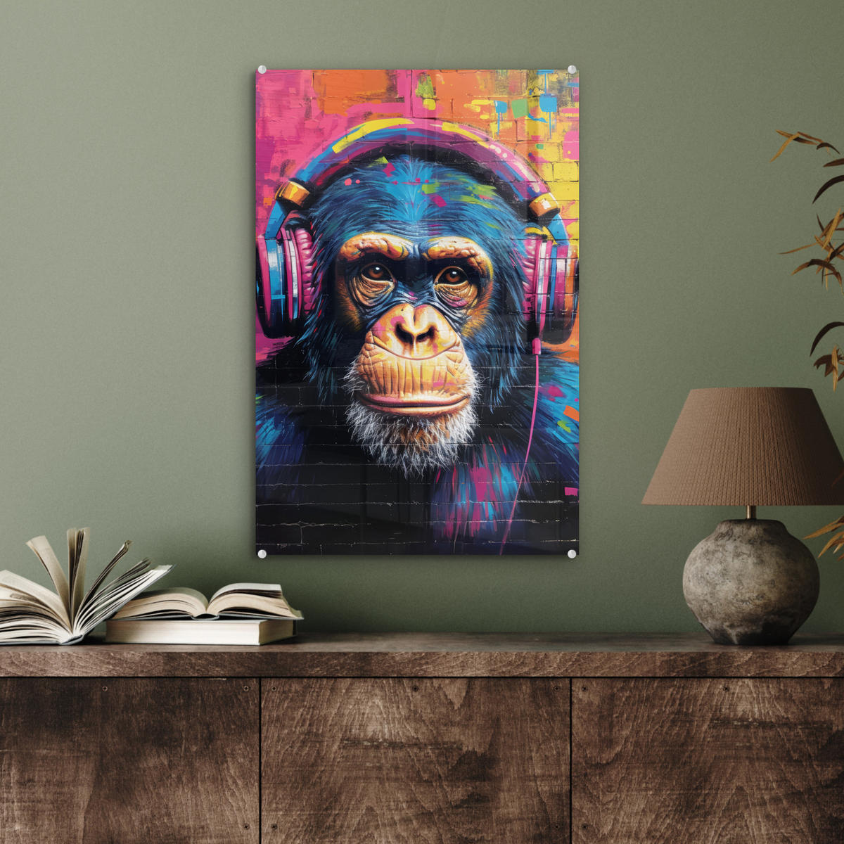 ACRYLGLASBILD Graffiti - Schimpanse - Straßenkunst - Kopfhörer - Affe 40x60 cm - Blau, Glas (40/60cm) - MuchoWow