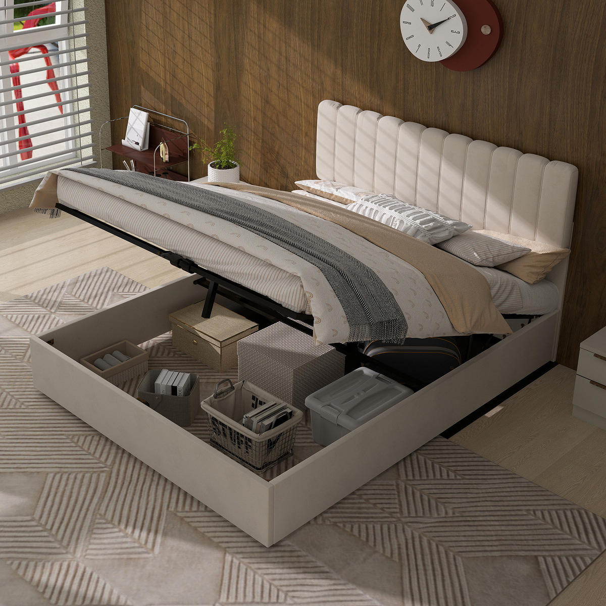 POLSTERBETT 140/200 cm beige aus Stoff und Metall mit gepolstertem Kopfteil - Beige, Textil (140/200cm) - OKWISH