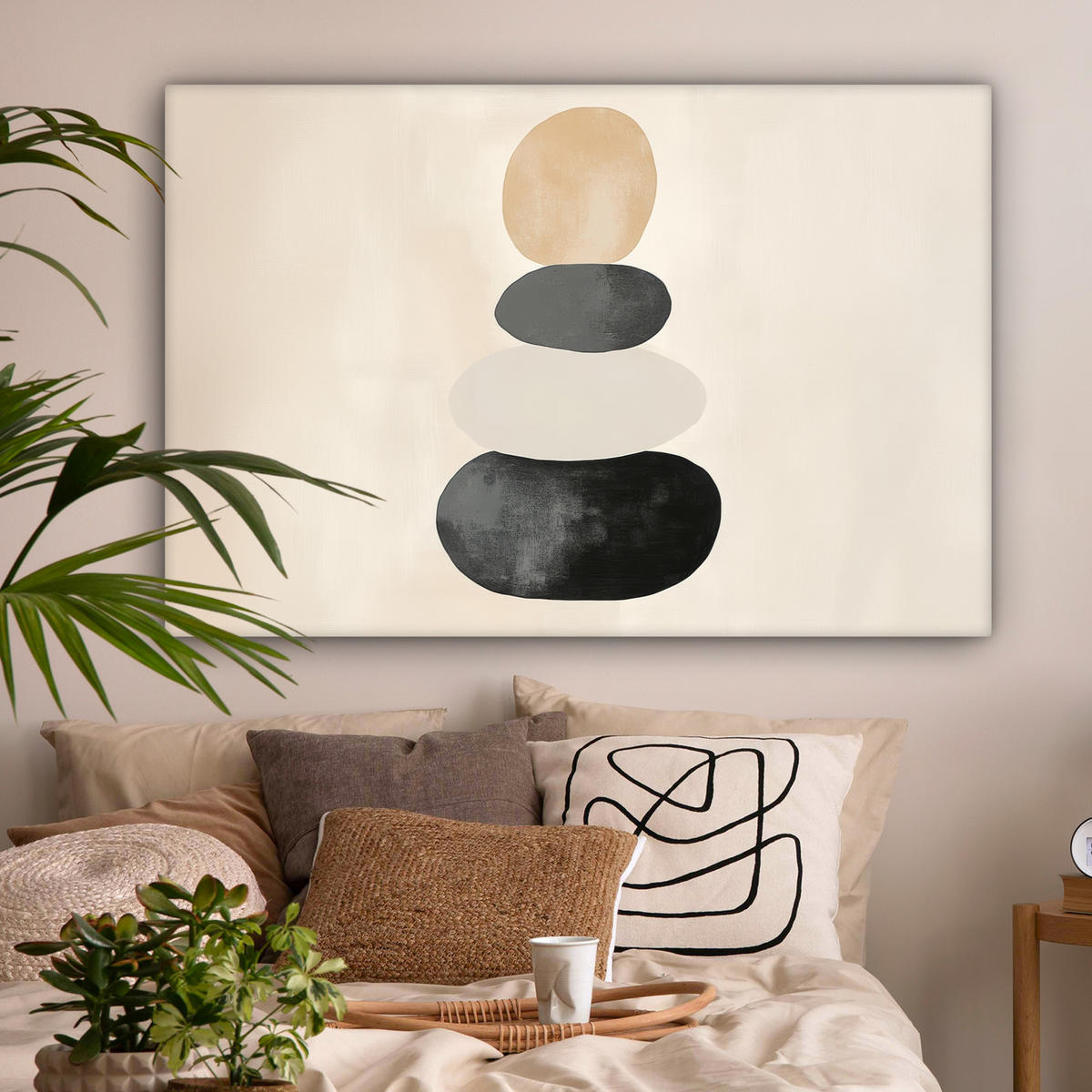 LEINWANDBILD Japandi - Wabi sabi - Beige Wohnzimmer 120x80 cm - Taupe, Textil (120/80cm) - MuchoWow