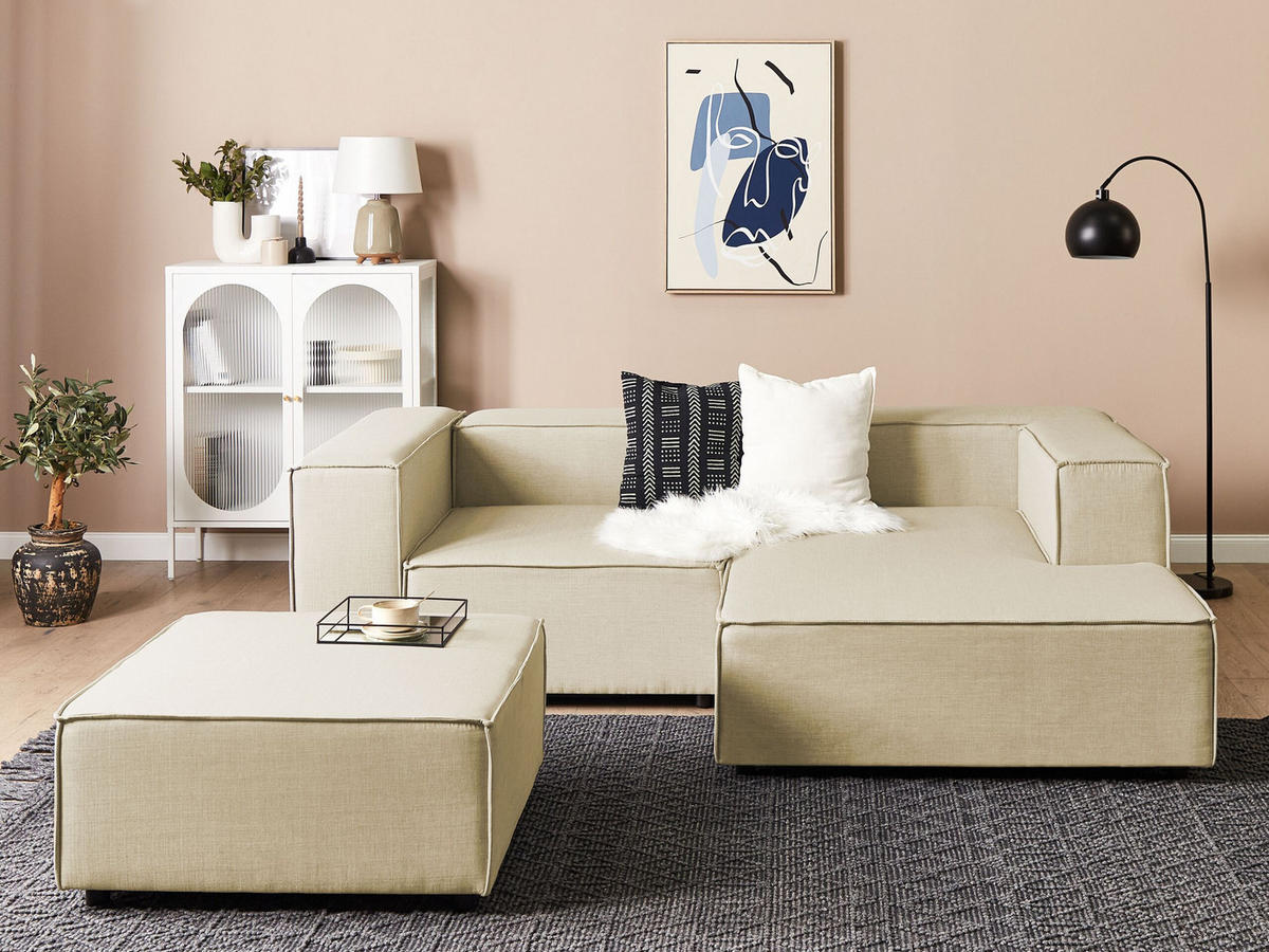 2-SITZER-ECKSOFA Leinen beige rechtsseitig mit Ottomane Aprica - Beige/Schwarz, Textil (238/180cm) - Beliani
