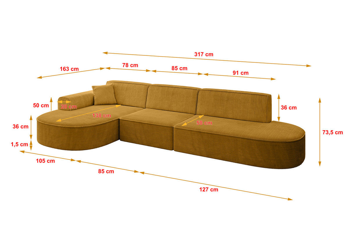 ECKSOFA Ottomane Links MARI-L2 - 317x163x73,5 cm Senfgelb Cord - Gelb/Schwarz, Holzwerkstoff/Kunststoff (165/321cm) - ALTDECOR