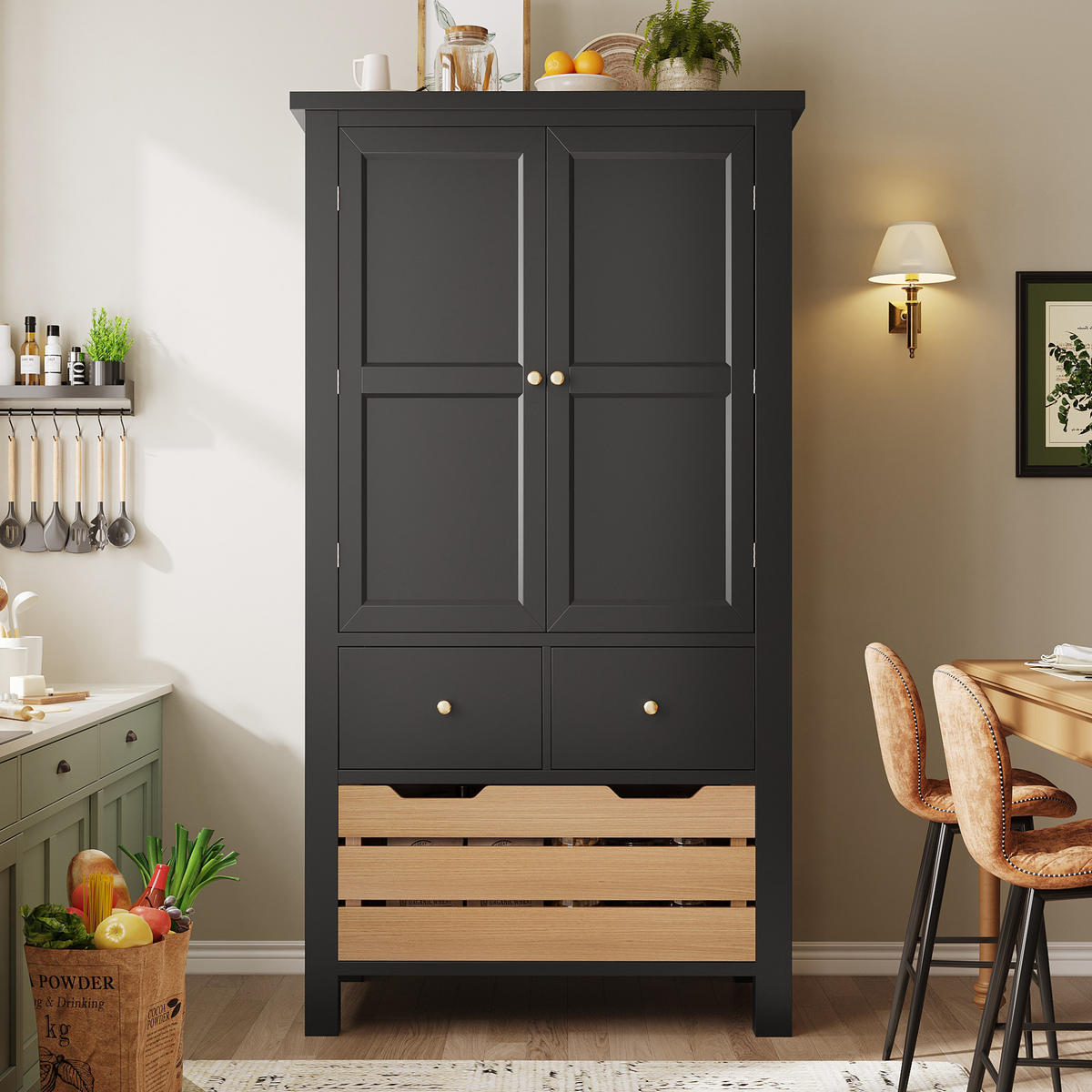 HIGHBOARD 80/40/140 cm in Schwarz mit 5 Schubladen und 2 Türen - Schwarz, Holzwerkstoff (80/140/40cm) - Flora Grace