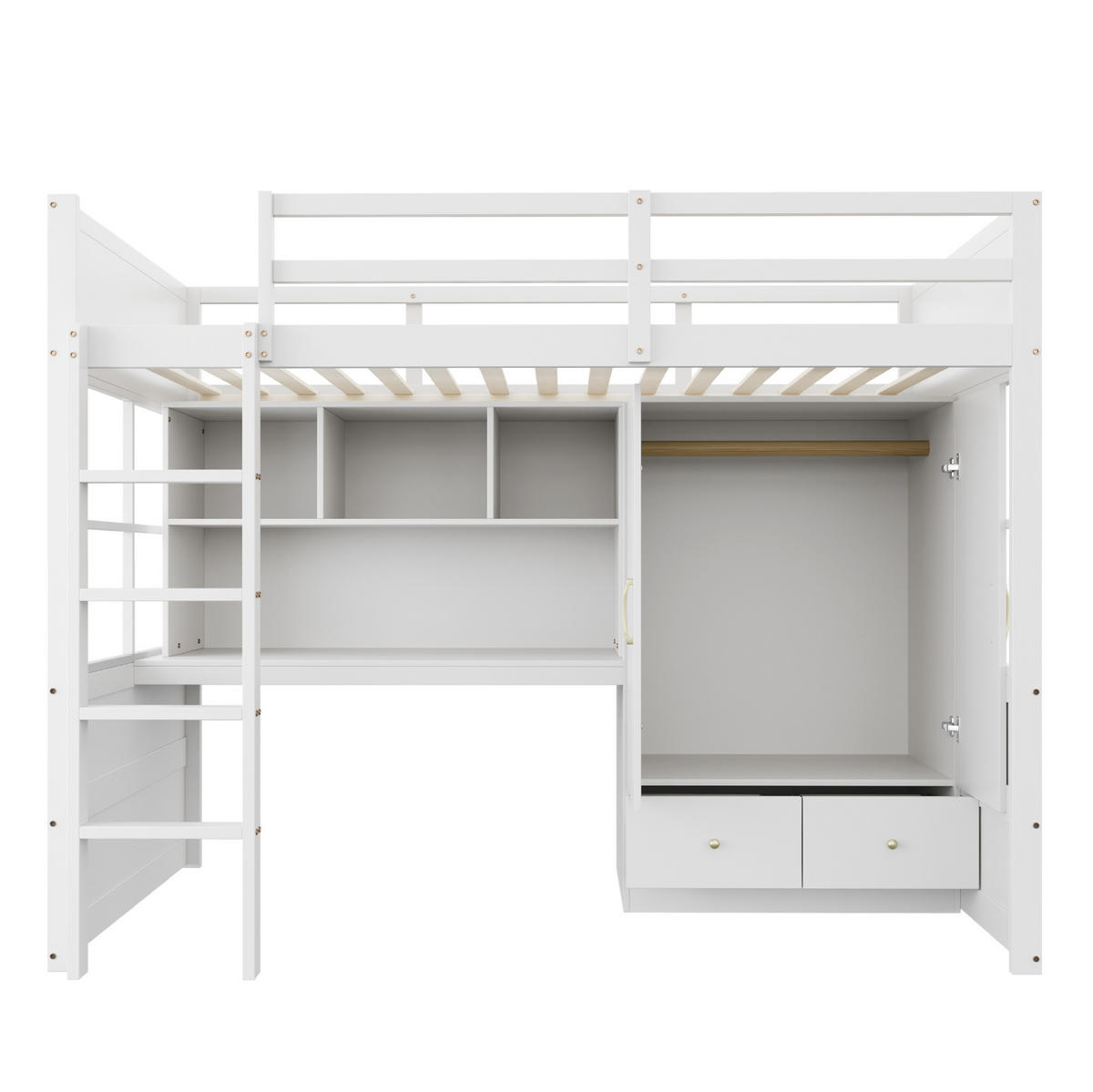 HOCHBETT 90/200 cm in Weiß mit Schreibtisch, Kleiderschrank und Schubladen - Weiß, Holzwerkstoff (90/200cm) - Flora Grace