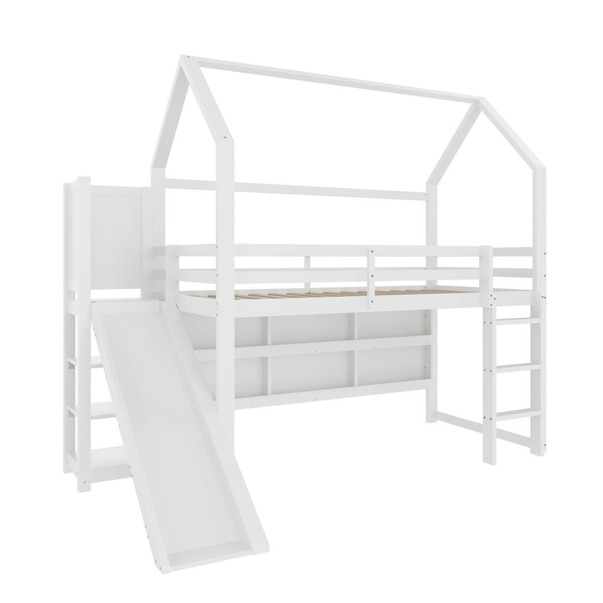 HOCHBETT 90/200 cm DE-04532, mit LED, Hausform, Regalen und Rutsche in Weiß - Weiß, Holz/Holzwerkstoff (90/200cm) - ComfortXL