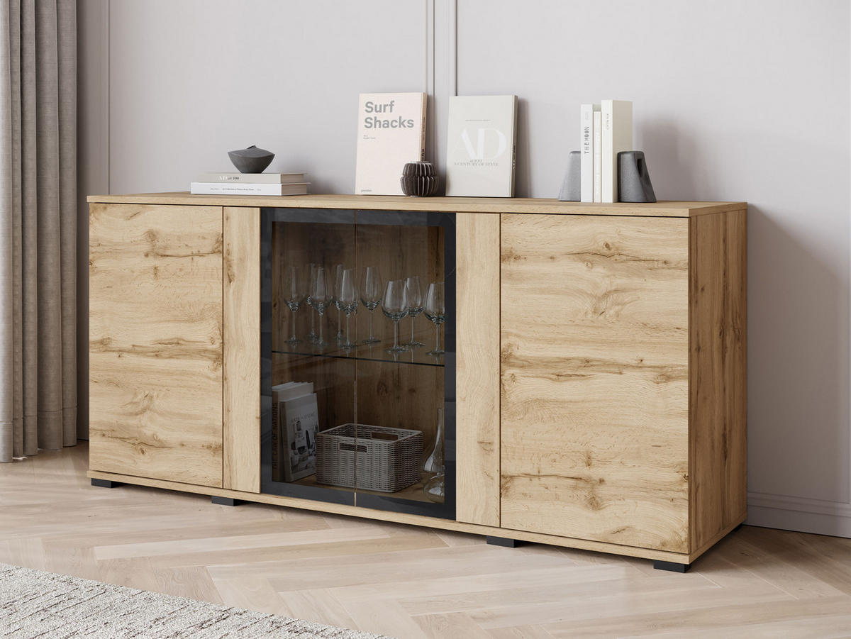 KOMMODE Caro SB 154 4D - Eiche Wotan/Schwarz, Holzwerkstoff/Kunststoff (150/70/40cm) - MIRJAN24