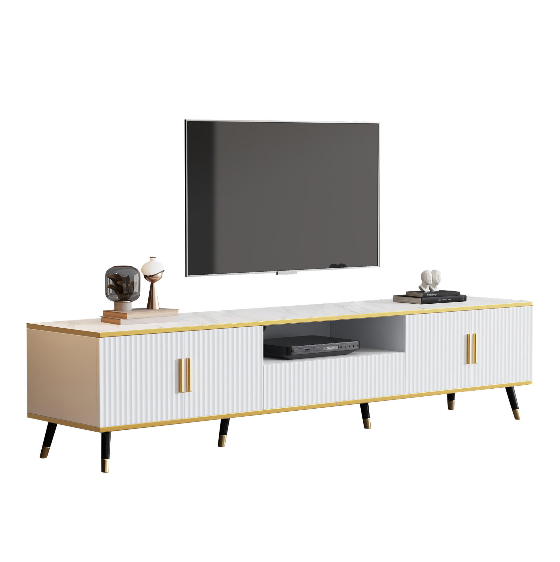 LOWBOARD 200/40/46 cm aus Spanplatte mit Marmoroptik und Kabelmanagement Weiß - Weiß, Holzwerkstoff (200/46/40cm) - Modenvie