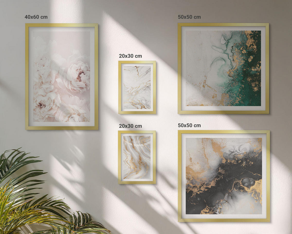 BILDER SET 5er Set - 50x50 cm & 20x30 cm & 40x60 cm Goldrahmen - Abstrakte Muster weiß schwarz grün - Goldfarben, Kunststoff (40/60cm) - TULUP