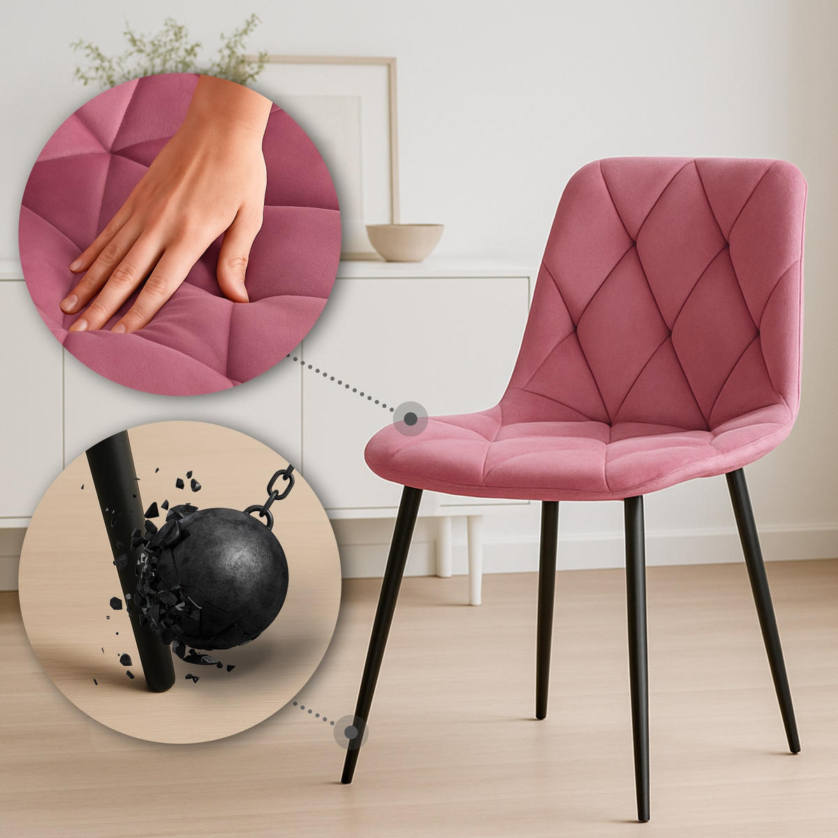 STUHL 2er Set Samt Rosa - Schwarz/Rosa, Textil/Metall (45/85/55cm) - CLP