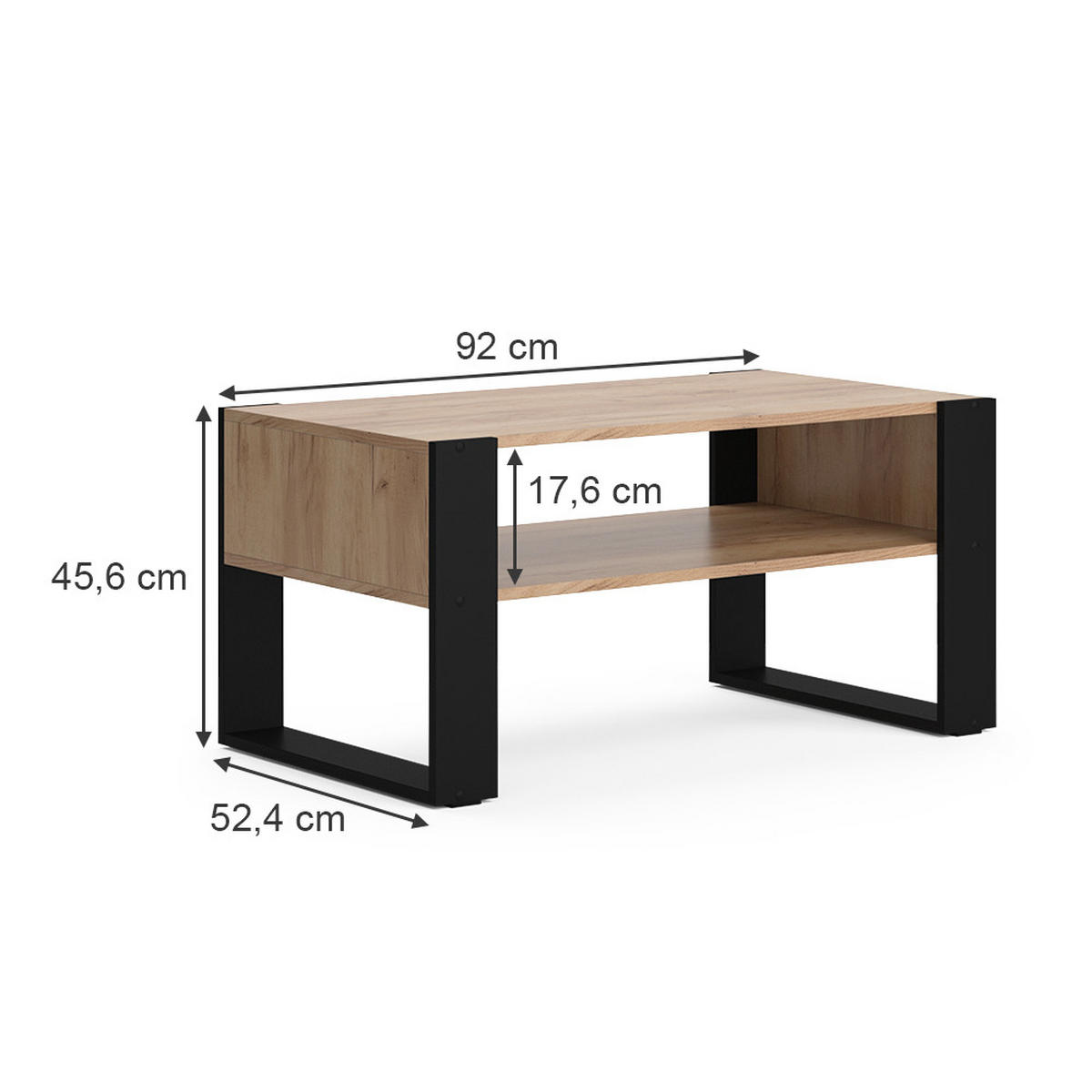 COUCHTISCH Olli Goldkraft Eiche 92 x 52,4 cm mit Ablage - Eiche Wotan/Schwarz, Holzwerkstoff (52.4/92/45.6cm) - Vicco