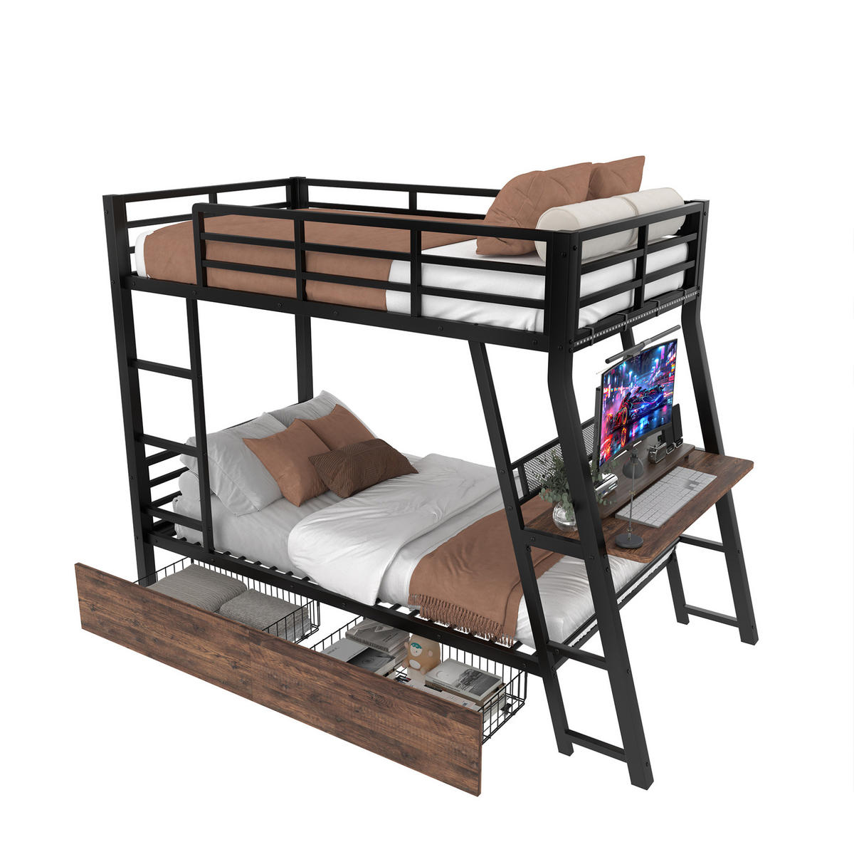 HOCHBETT 90/200 cm aus Metall und MDF mit Schreibtisch LED-Leiste und 2 Schubladen Schwarz - Schwarz, Metall (90/200cm) - Modenvie