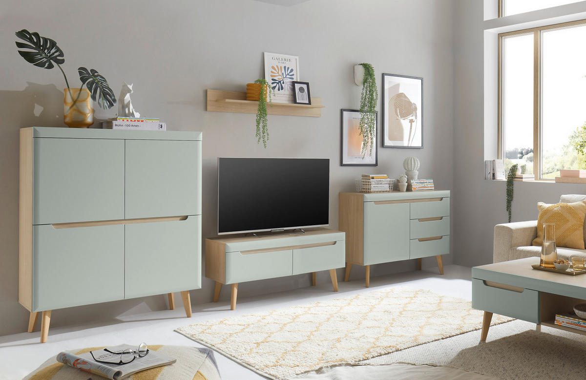 WOHNWAND 4-teilig pistazie grün, Eiche, skandinavisch 360 cm, Wohnkombination mit Soft-Close - Eichefarben/Pastellgrün, Eichenholz/Holz (361/170/40cm) - Furn.Design