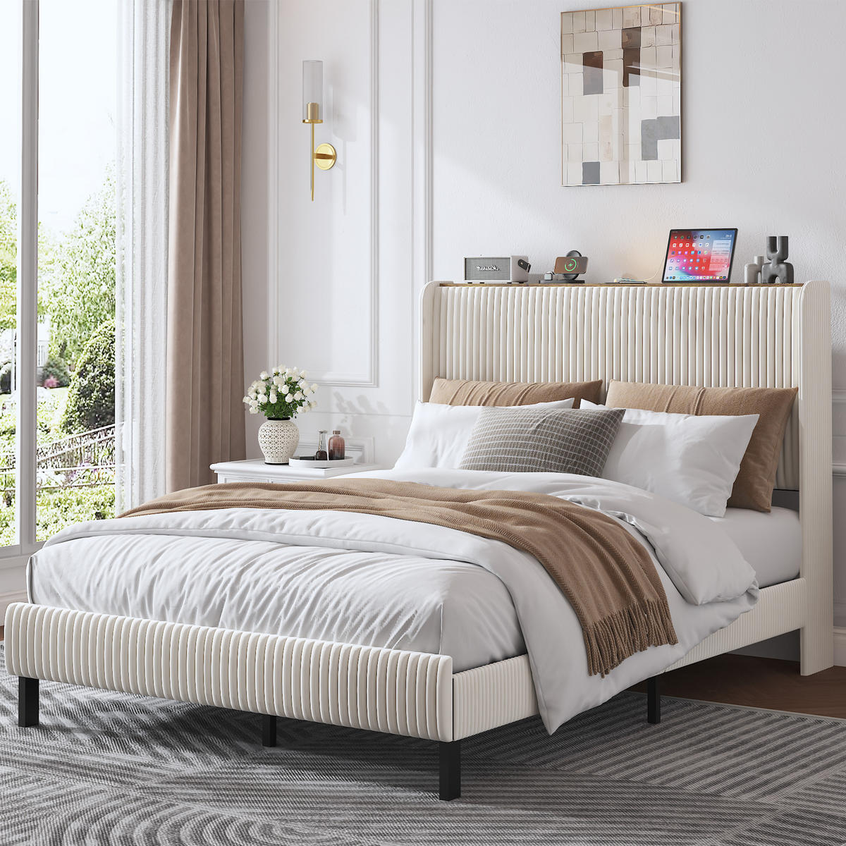 POLSTERBETT 140/200 cm in Beige & Creme Cord - Weiß, Holzwerkstoff/Textil (140/200cm) - WISHDOR