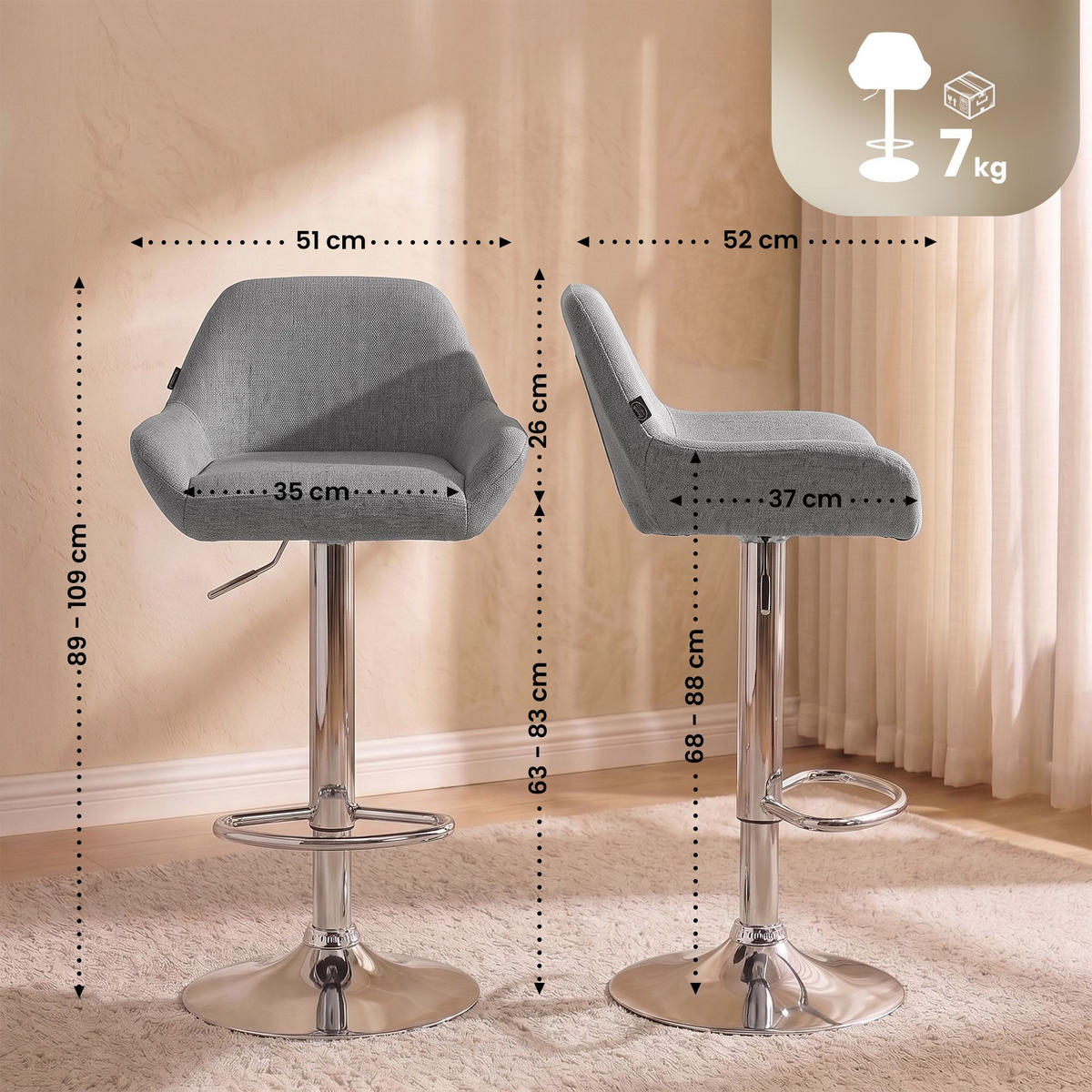 BARHOCKER Stoff grau - Chromfarben/Grau, Textil/Metall (51/89/52cm) - CLP
