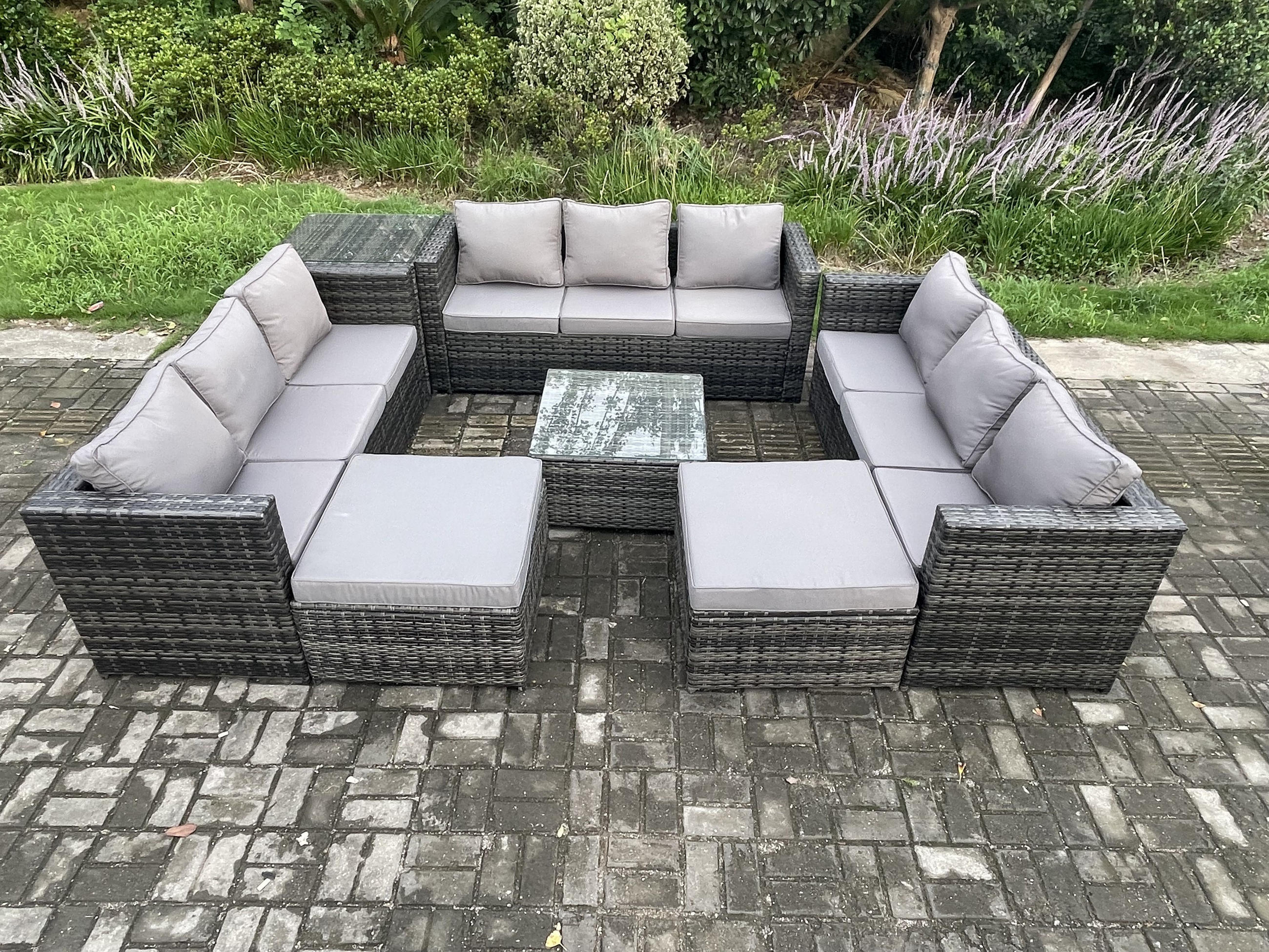 GARTENTISCHGRUPPE Polyrattan Dunkelgrau 11-Sitzer - Dunkelgrau, Metall - Fimous