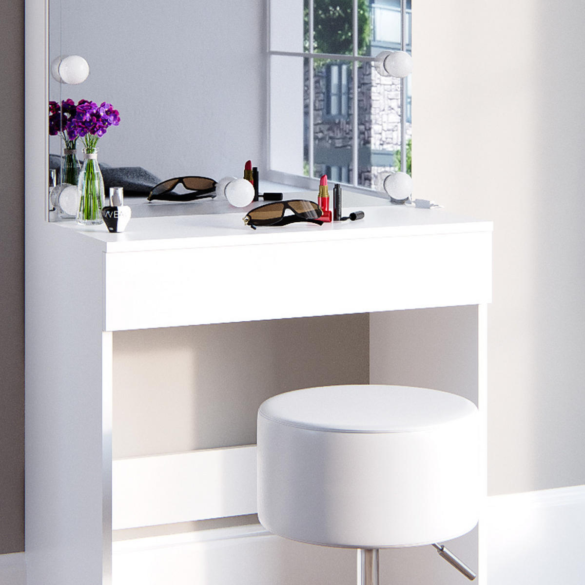 SCHMINKTISCH Melle Weiß 68 cm mit Hocker - Weiß, Holzwerkstoff (68/155/42cm) - Vicco