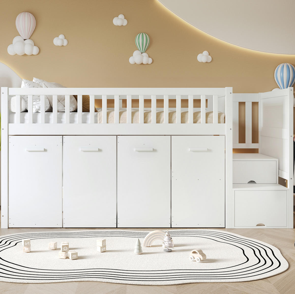 ETAGENBETT 90/200 cm Weiß mit Schreibtisch und Stauraumtreppe - Weiß, Holzwerkstoff (90/200cm) - Flora Grace
