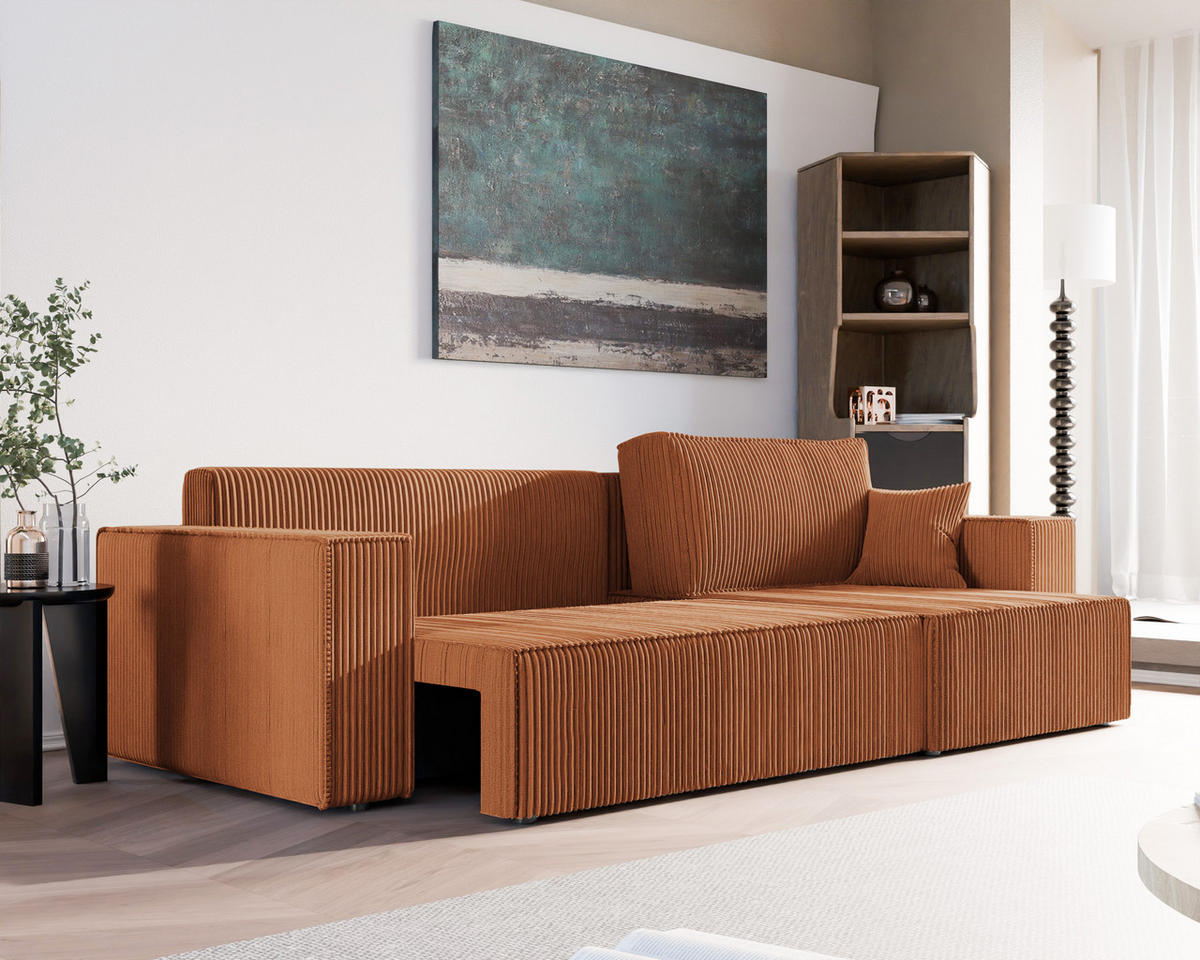 ECKSOFA mit Schlaffunktion und Bettkasten, Orange - Orange, Holzwerkstoff/Textil (145/276cm) - Idohome