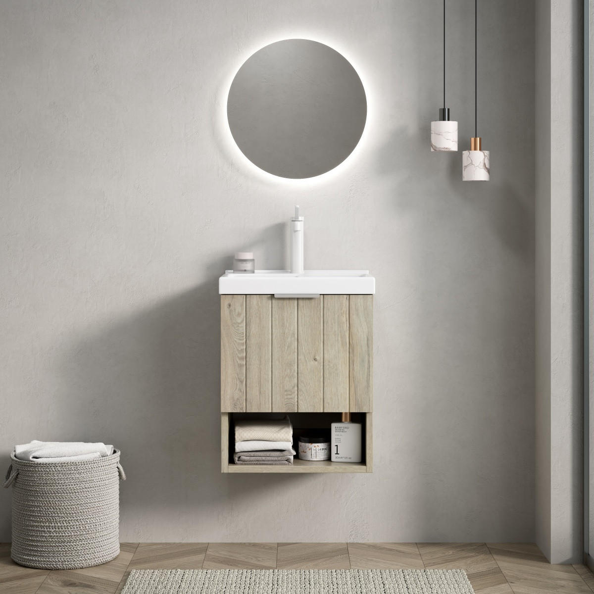 BADMÖBEL Waschtisch 42 cm,Wandhängend Keramik-Waschbecken Eiche Creme Unterschrank Doppeltür - Creme, Holz (42/53/32cm) - PARAFTA HOME