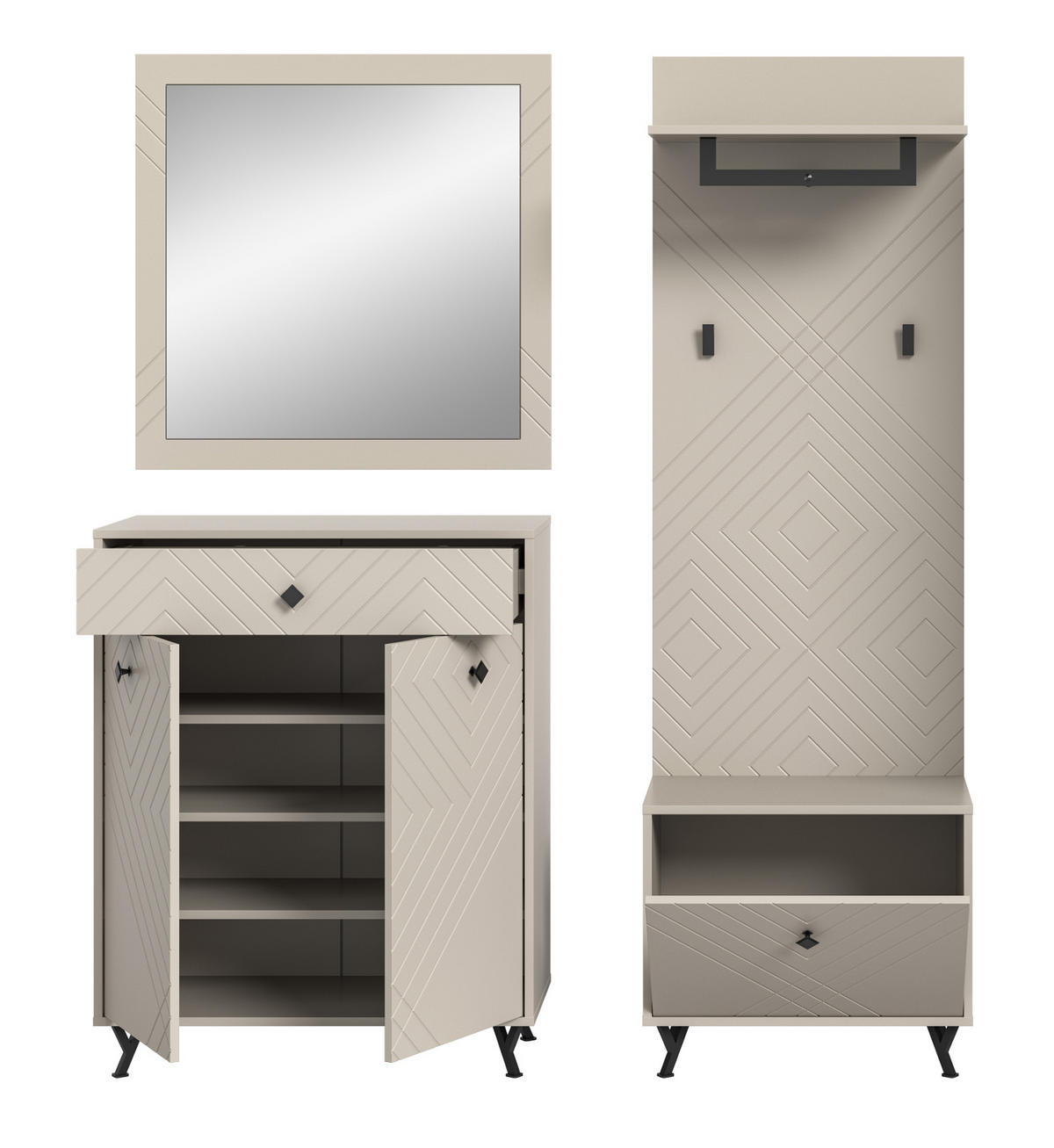 GARDEROBE Set 4-teilig Sand matt 155 cm, Garderobenkombination mit Fräsungen - Sandfarben/Beige, Glas/Holzwerkstoff (155/190/35cm) - Inn.Furn