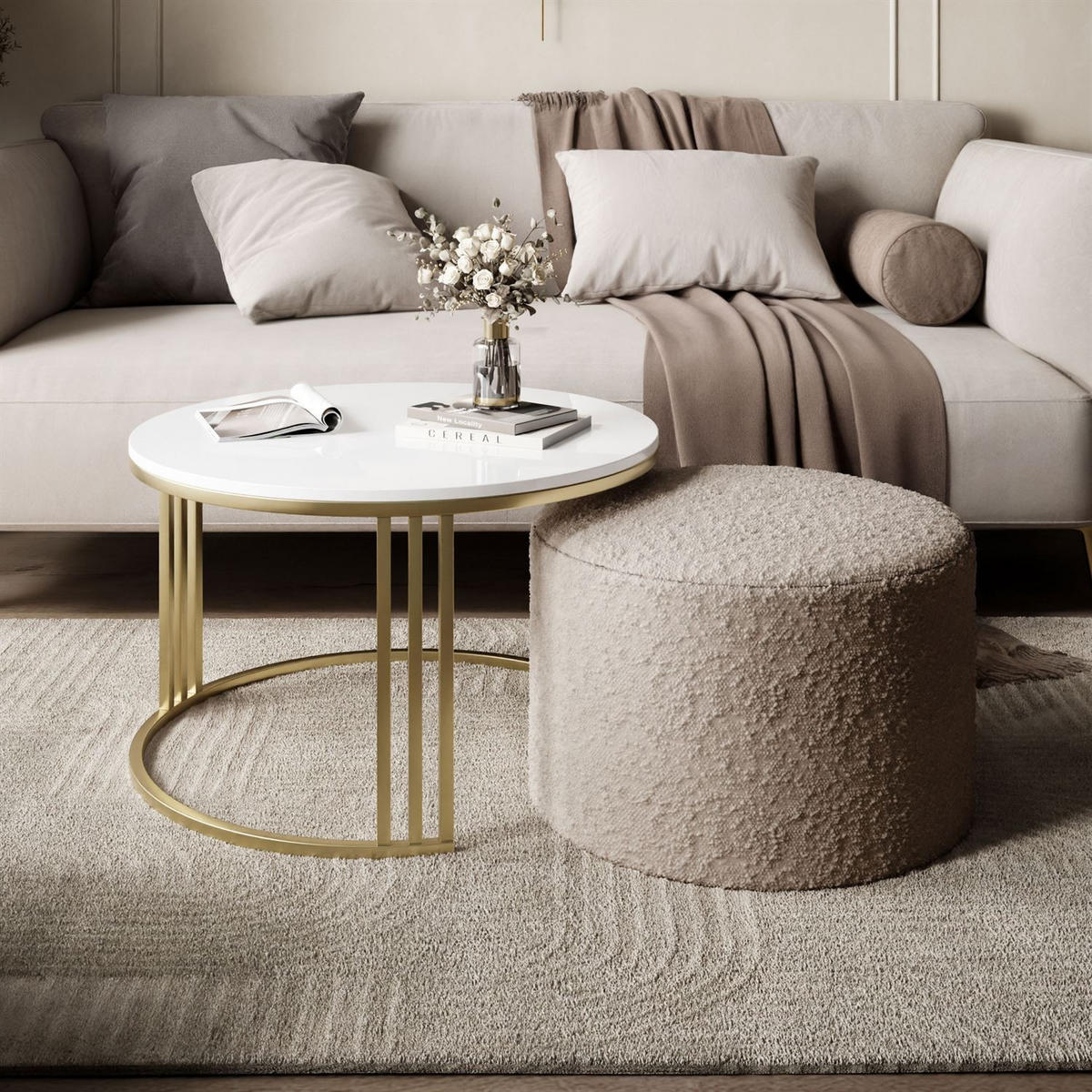 COUCHTISCH mit Hocker LORI Hochglanz gebürstetes Gold/weißer Glanz/Coral 50 - Weiß, Metall (70/70/49cm) - Lookway