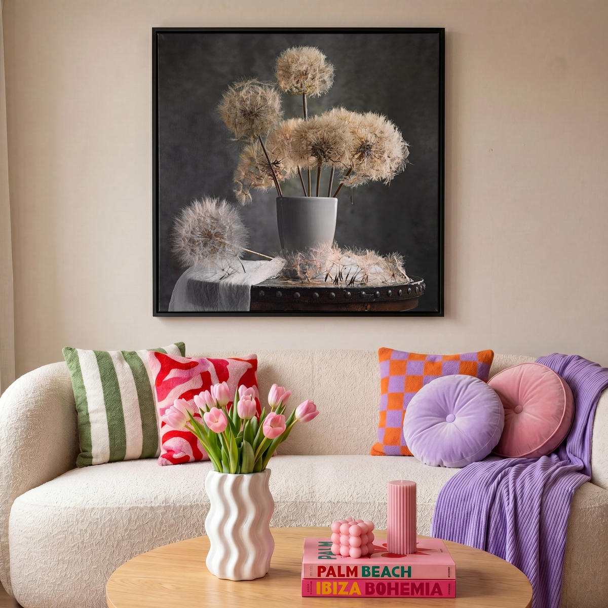 LEINWAND Bilder mit Rahmen - Blumensamen - Löwenzahn - Vase - Stilleben - Blumenstrauß - 90x90 - Dunkelgrau, Textil (90/90cm) - MuchoWow