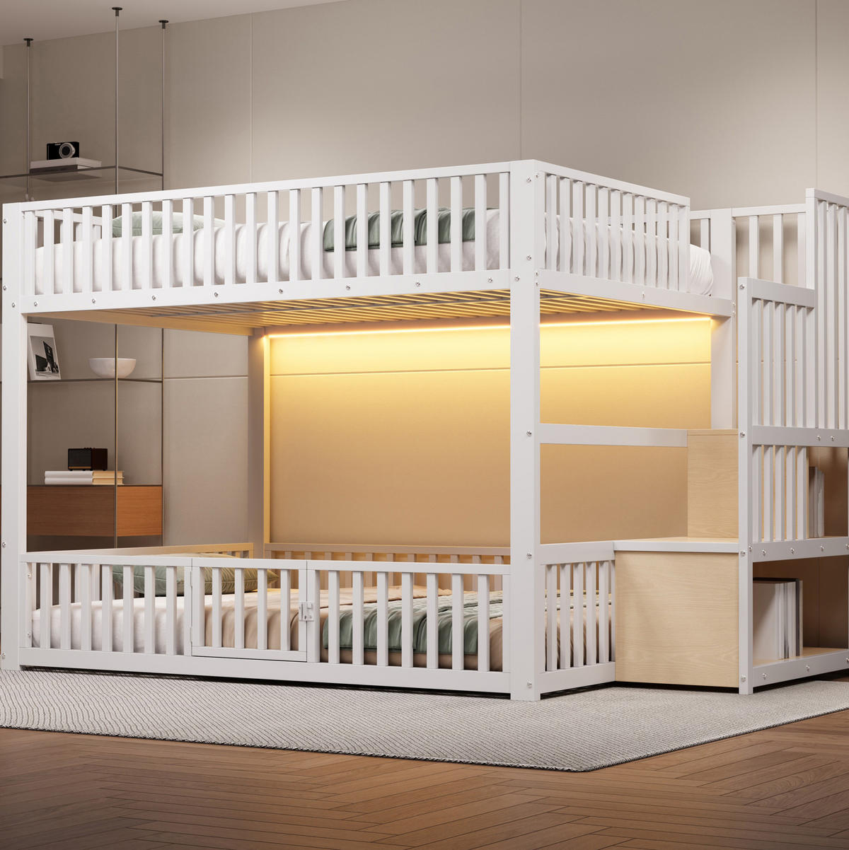 ETAGENBETT 140/200 cm Weiß mit LED und Stauraumleiter - Weiß, Metall (140/200cm) - MIVRAY